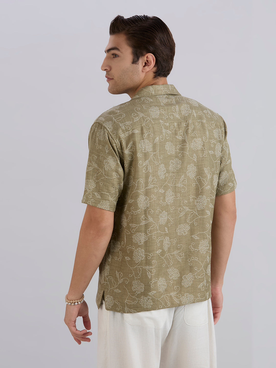 Aura Half-Sleeves Printed Cuban Collar Shirt - Green