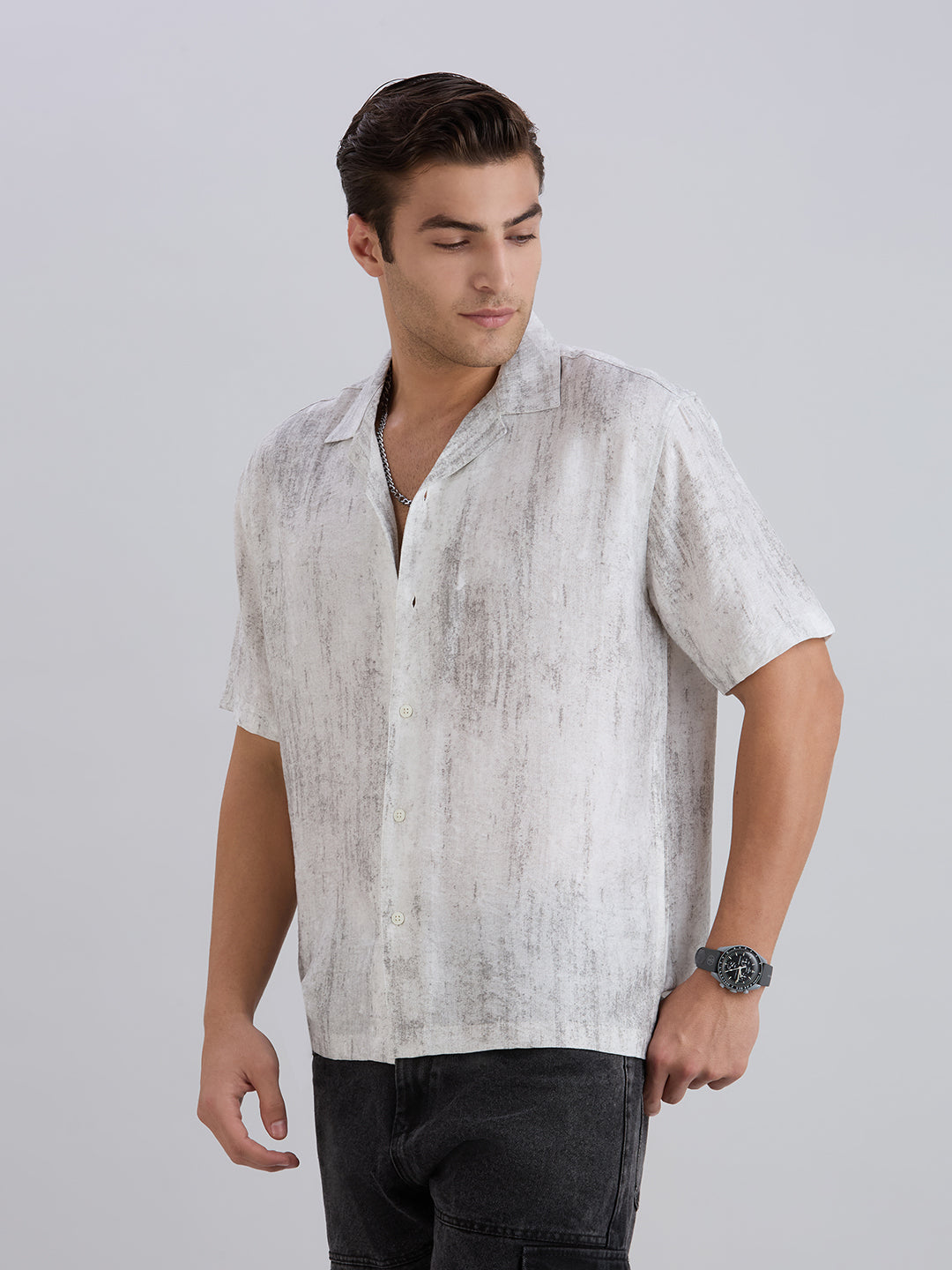 Splatter Half-Sleeves Printed Cuban Collar Shirt - Black