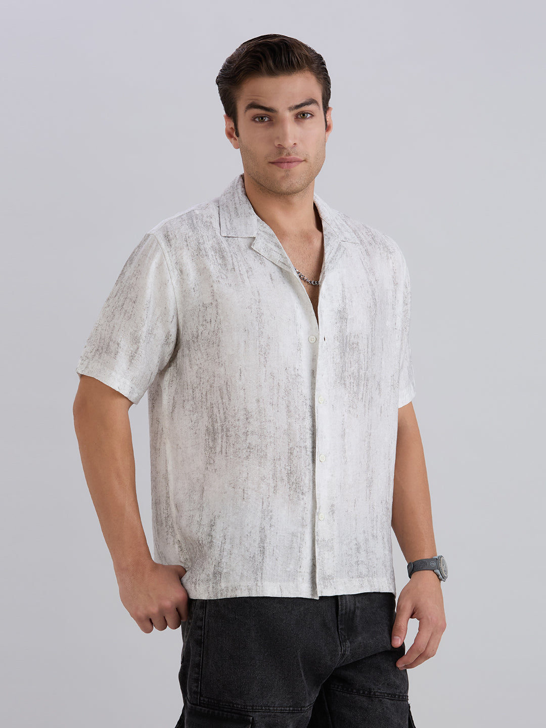 Splatter Half-Sleeves Printed Cuban Collar Shirt - Black