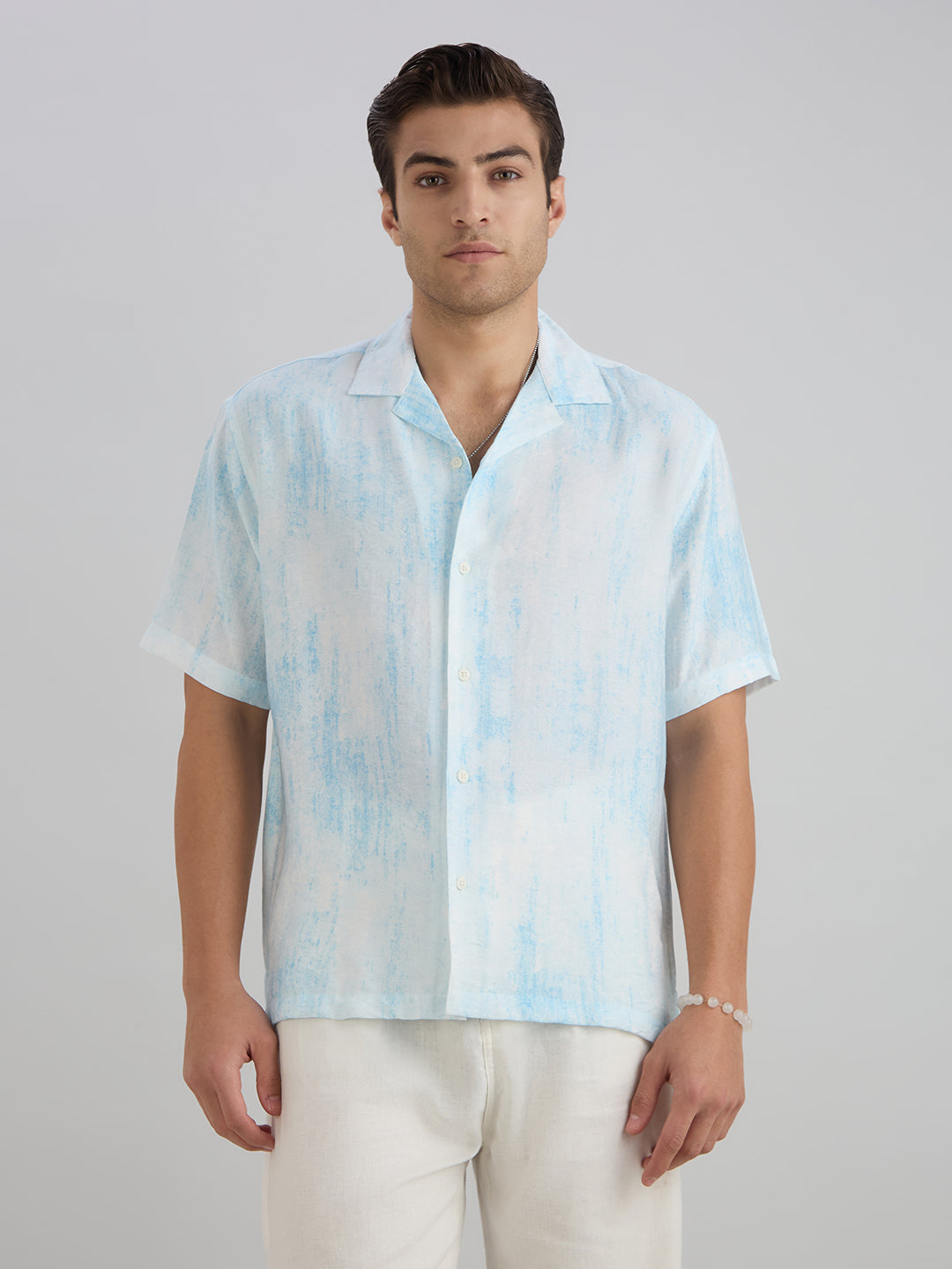 Splatter Half-Sleeves Printed Cuban Collar Shirt - Blue