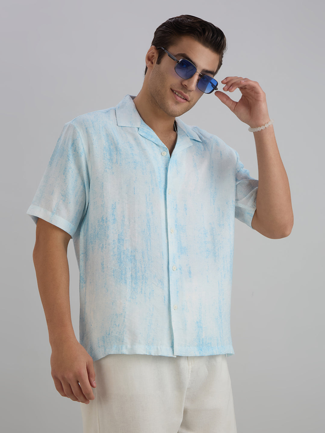 Splatter Half-Sleeves Printed Cuban Collar Shirt - Blue