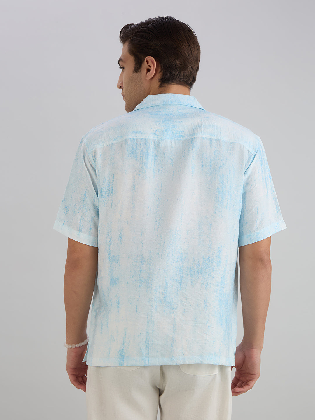 Splatter Half-Sleeves Printed Cuban Collar Shirt - Blue