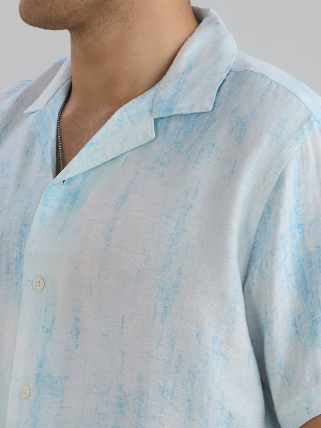 Splatter Half-Sleeves Printed Cuban Collar Shirt - Blue