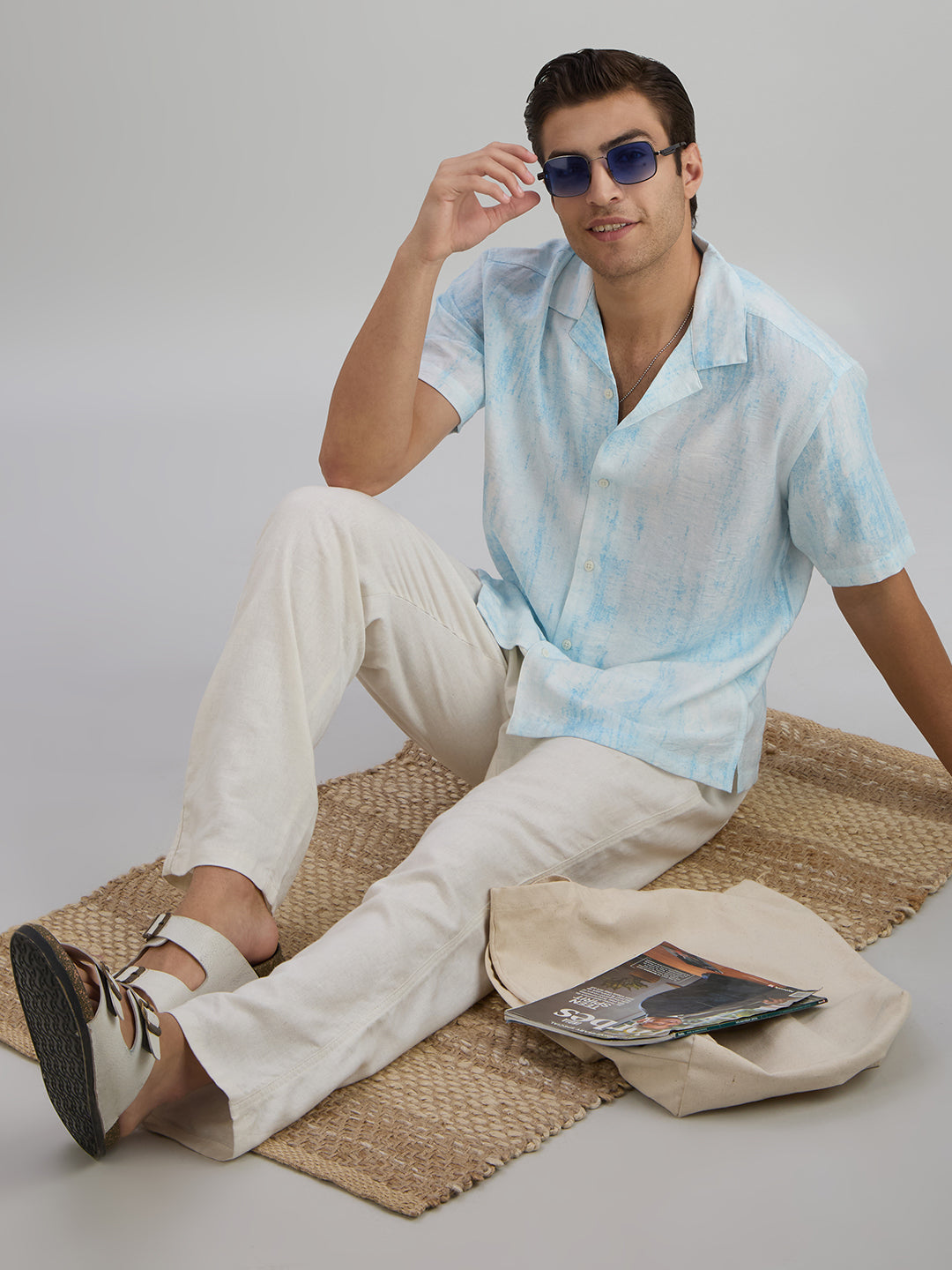 Splatter Half-Sleeves Printed Cuban Collar Shirt - Blue