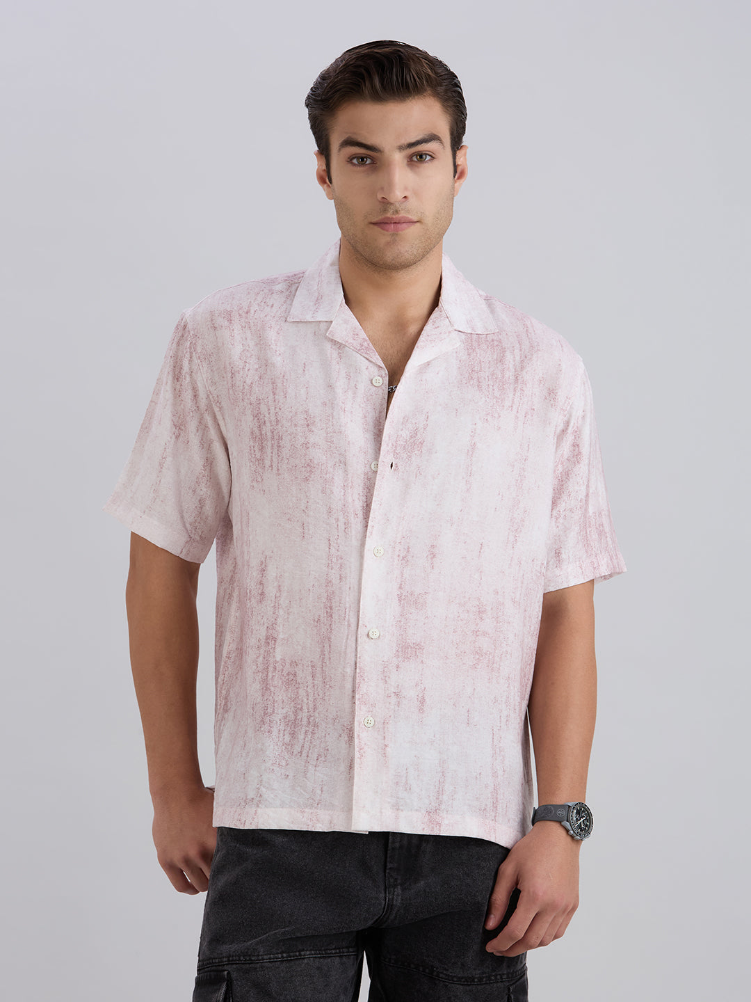 Splatter Half-Sleeves Printed Cuban Collar Shirt - Maroon