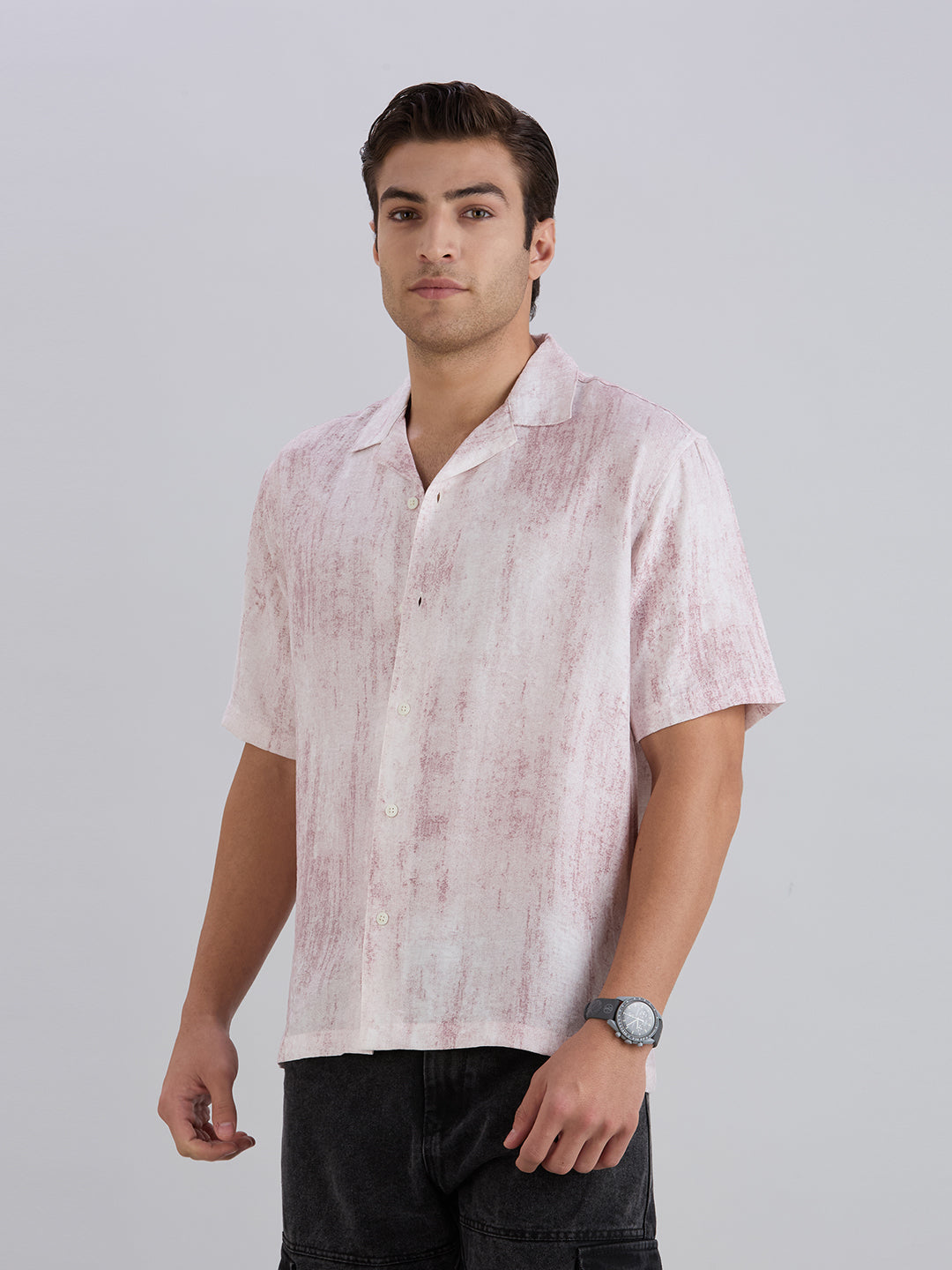 Splatter Half-Sleeves Printed Cuban Collar Shirt - Maroon