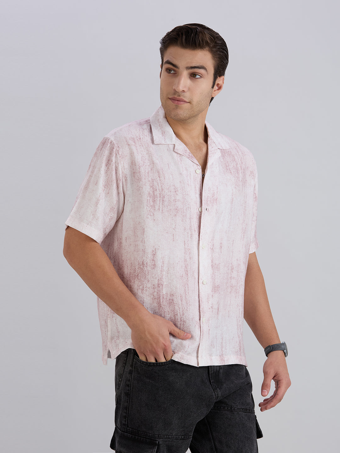 Splatter Half-Sleeves Printed Cuban Collar Shirt - Maroon