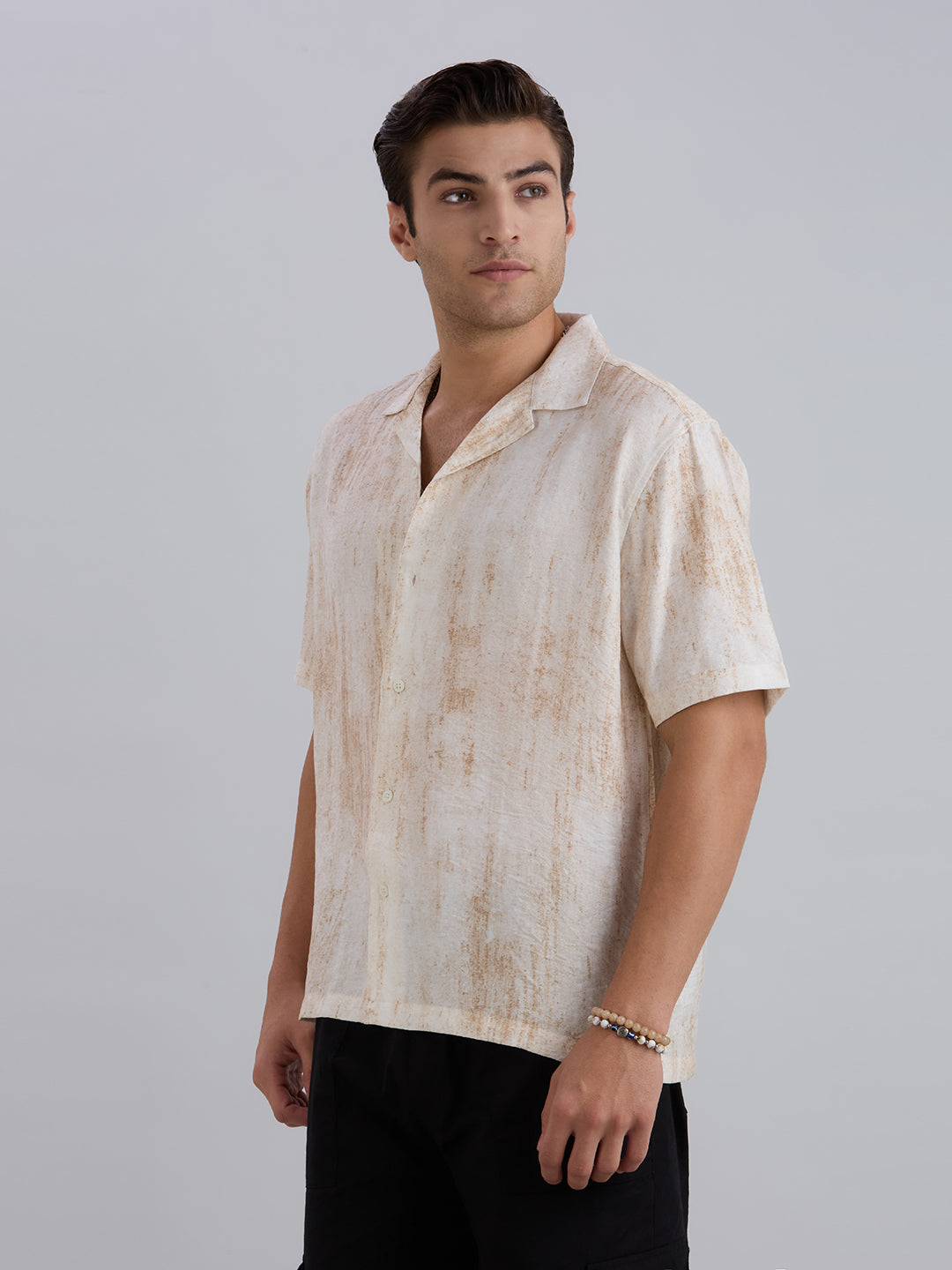 Splatter Half-Sleeves Printed Cuban Collar Shirt - Brown