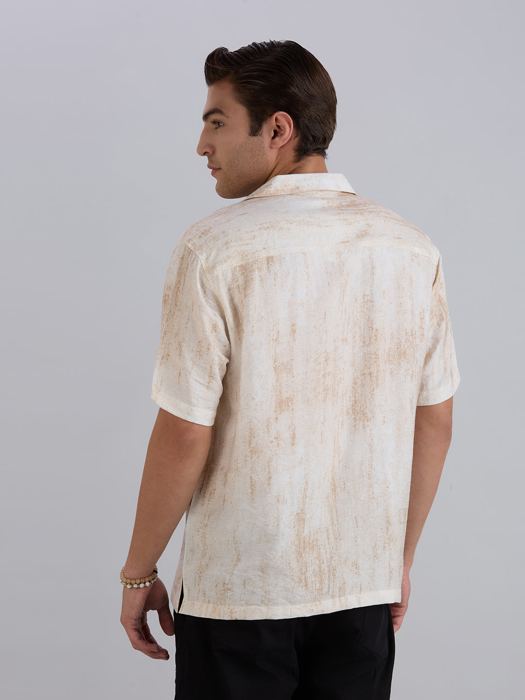 Splatter Half-Sleeves Printed Cuban Collar Shirt - Brown
