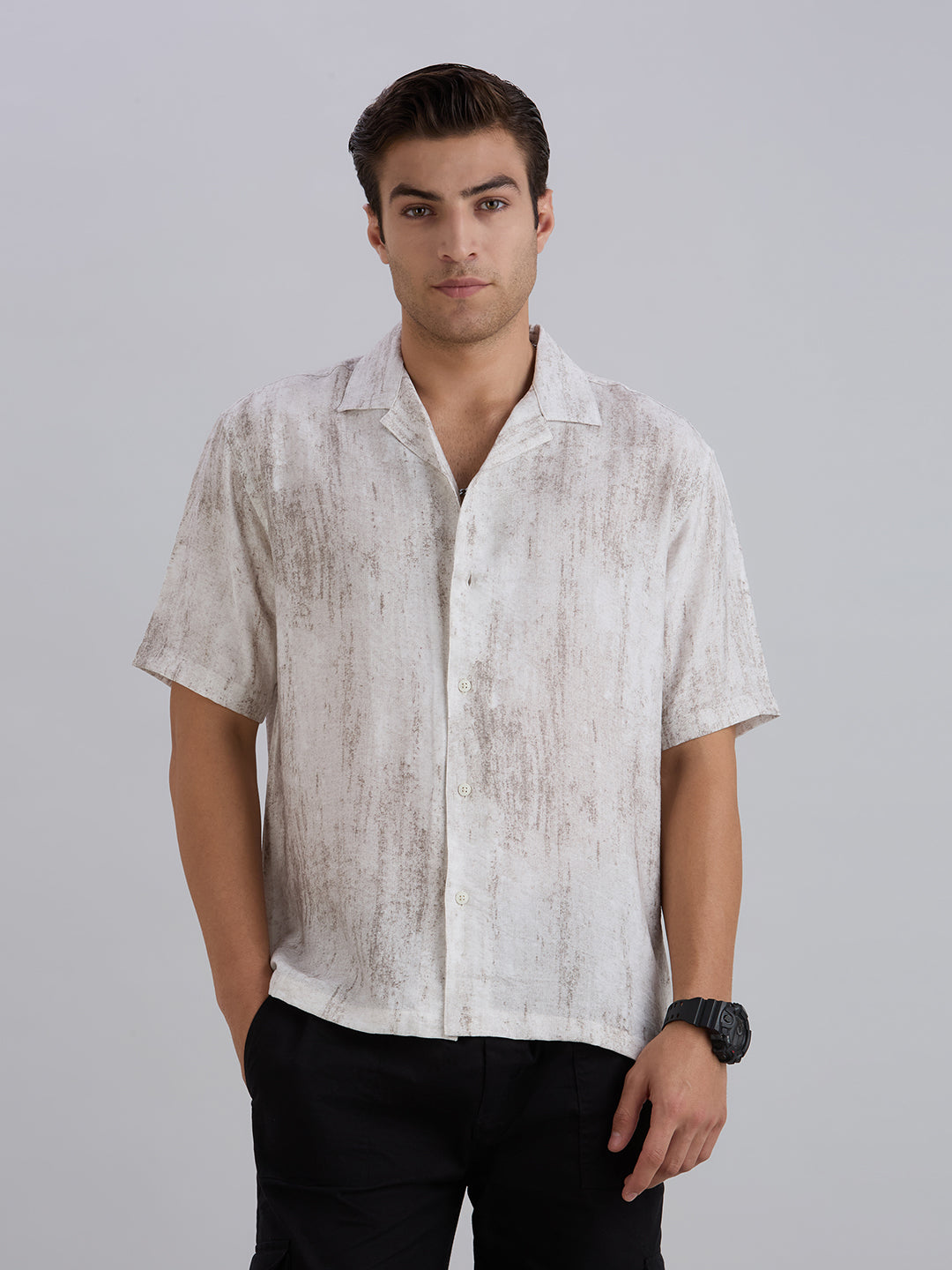 Splatter Half-Sleeves Printed Cuban Collar Shirt - Grey