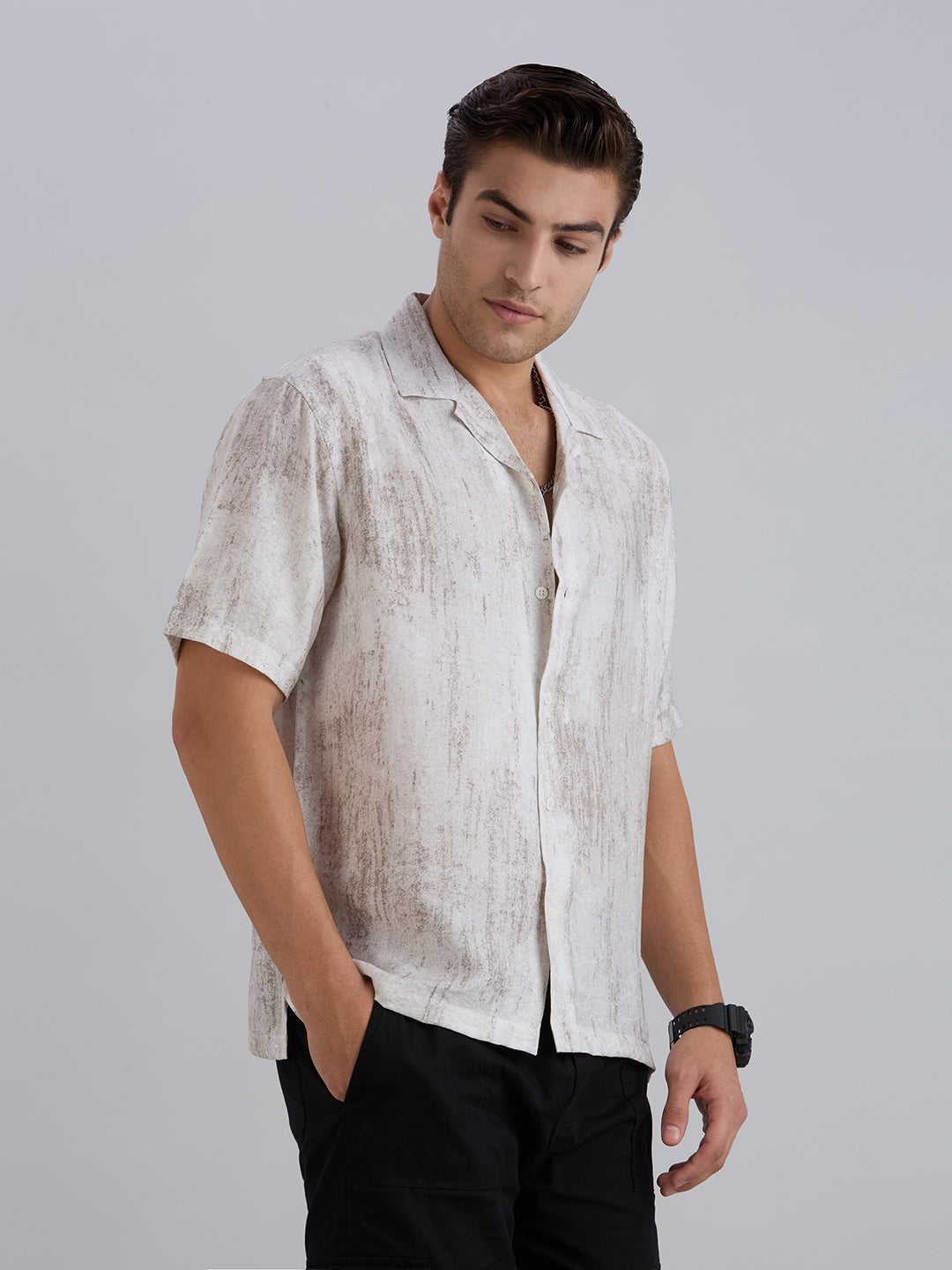 Splatter Half-Sleeves Printed Cuban Collar Shirt - Grey