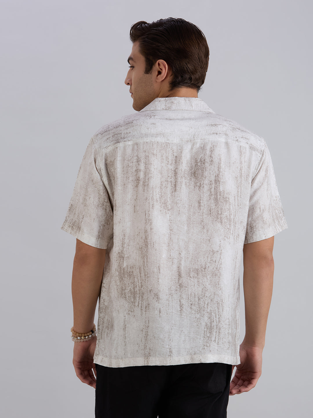Splatter Half-Sleeves Printed Cuban Collar Shirt - Grey