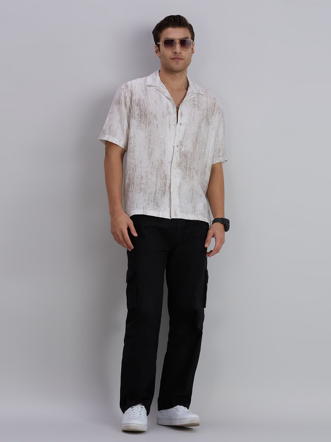 Splatter Half-Sleeves Printed Cuban Collar Shirt - Grey
