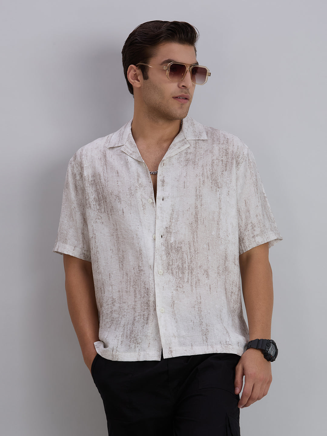 Splatter Half-Sleeves Printed Cuban Collar Shirt - Grey