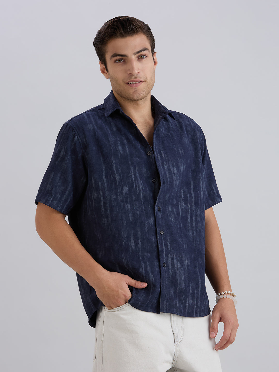 Mist Half-Sleeves Textured shirt - Navy Blue