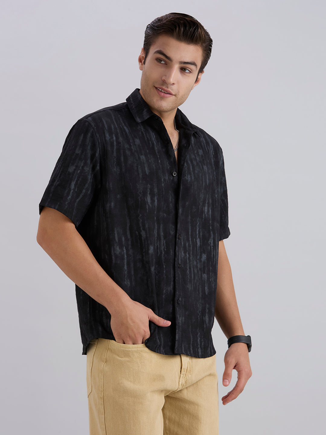Mist Half-Sleeves Textured shirt - Black