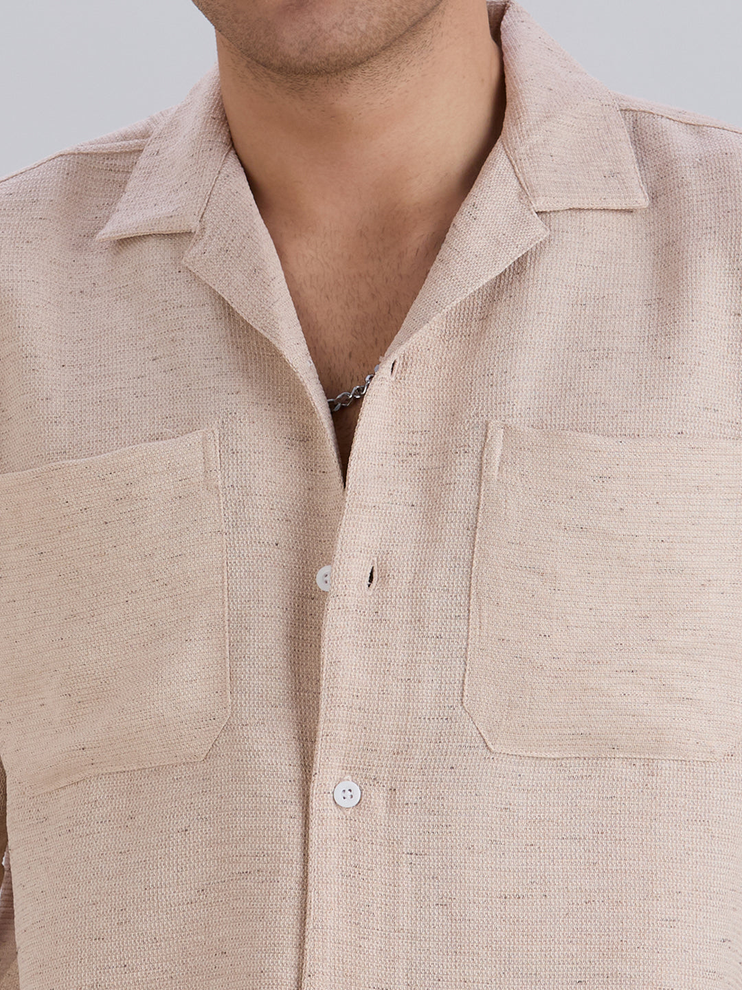 Matrix Half-Sleeves Double Pocket Cuban Collar Shirt - Beige
