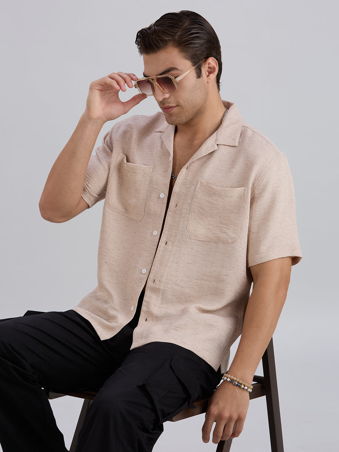 Matrix Half-Sleeves Double Pocket Cuban Collar Shirt - Beige
