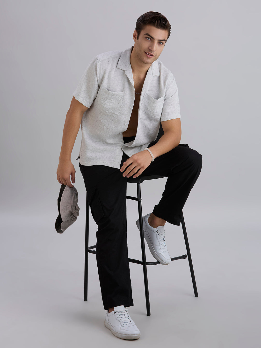 Matrix Half-Sleeves Double Pocket Cuban Collar Shirt - White