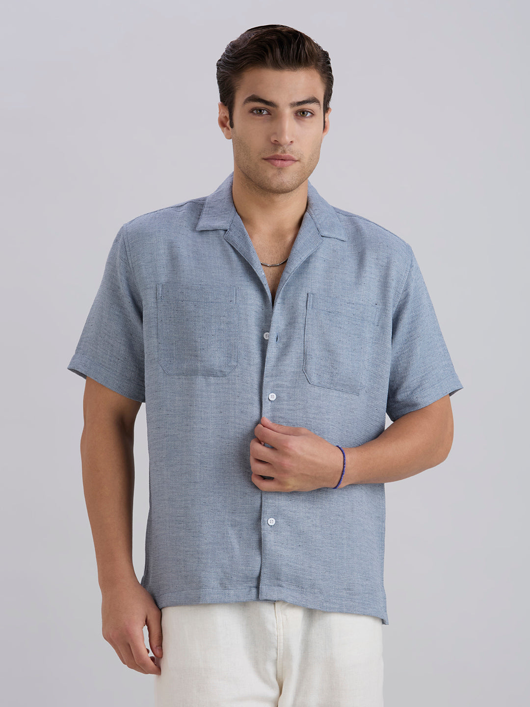 Matrix Half-Sleeves Double Pocket Cuban Collar Shirt - Grey