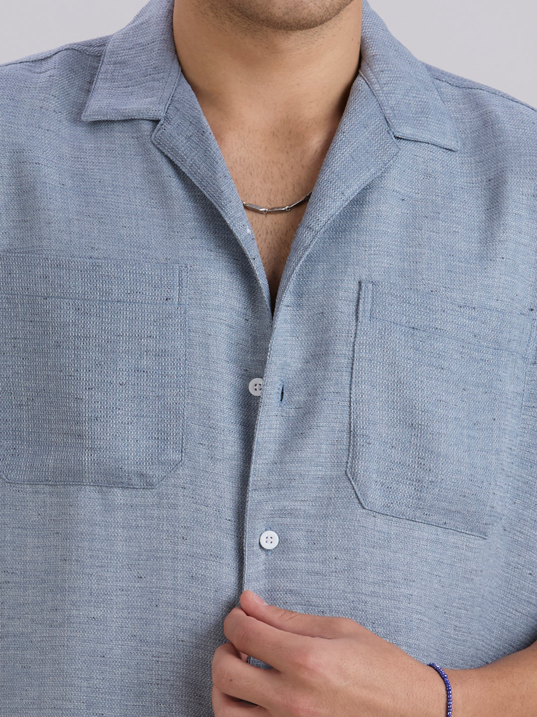 Matrix Half-Sleeves Double Pocket Cuban Collar Shirt - Grey