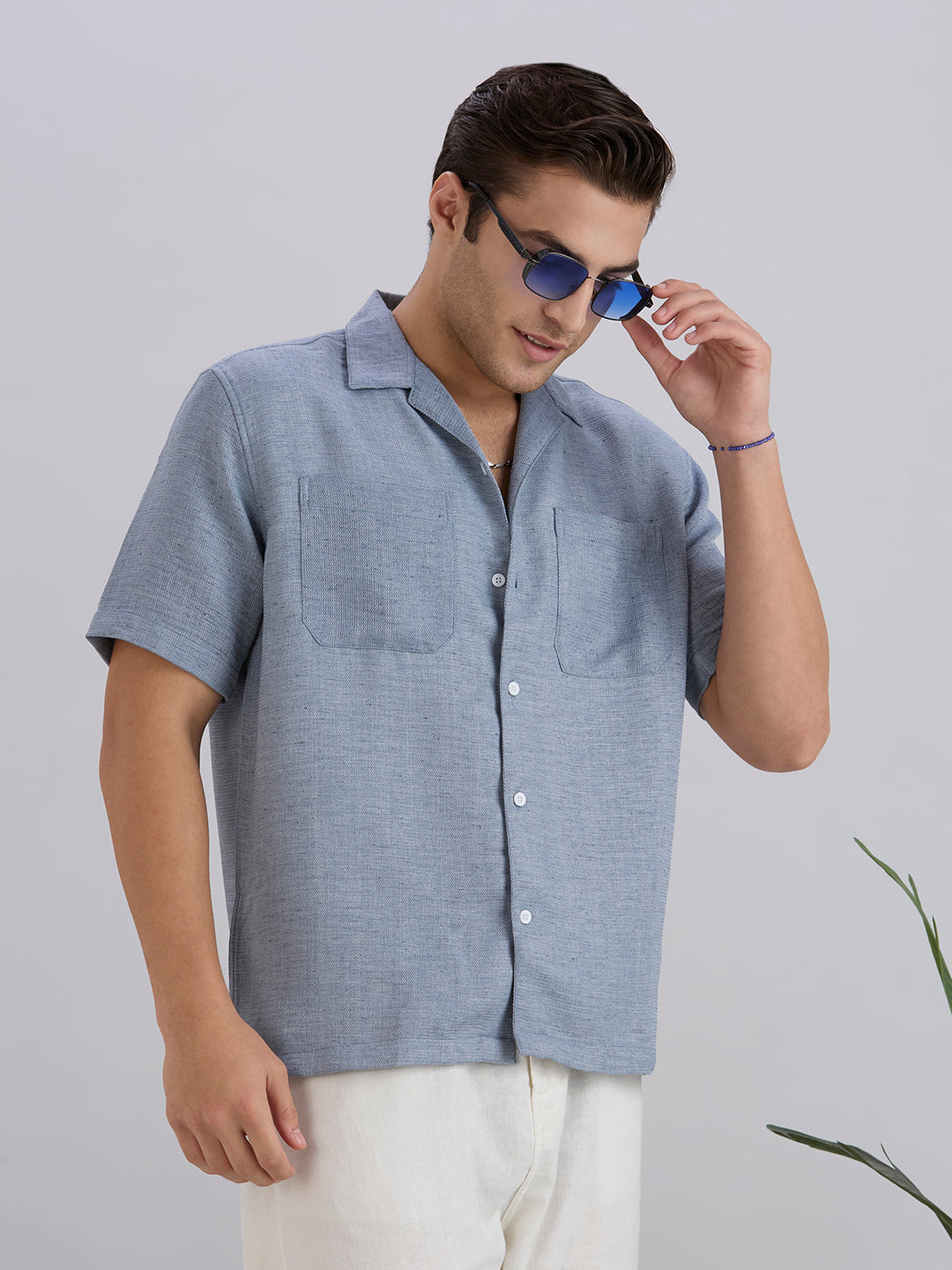 Matrix Half-Sleeves Double Pocket Cuban Collar Shirt - Grey