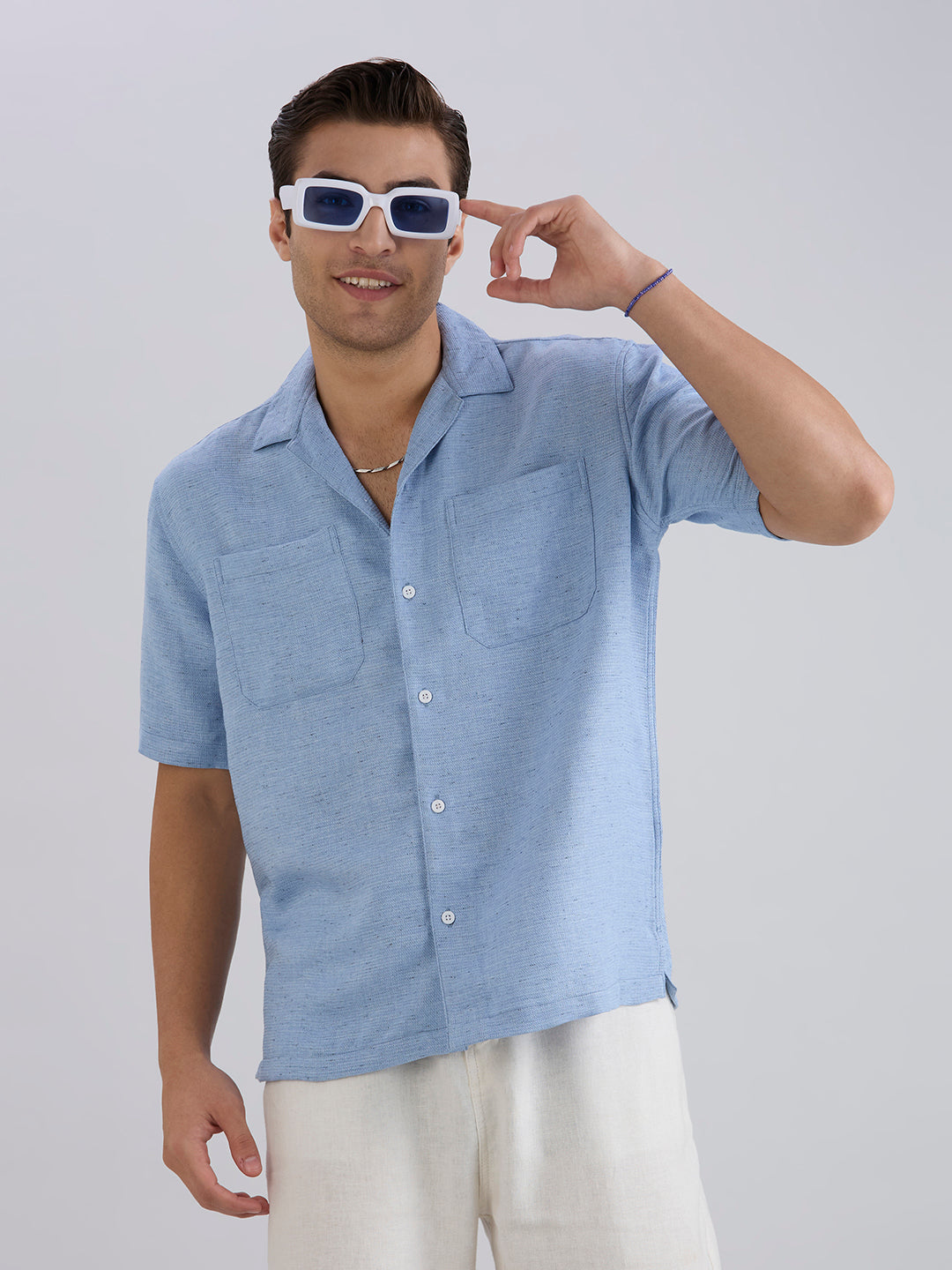 Matrix Half-Sleeves Double Pocket Cuban Collar Shirt - Blue