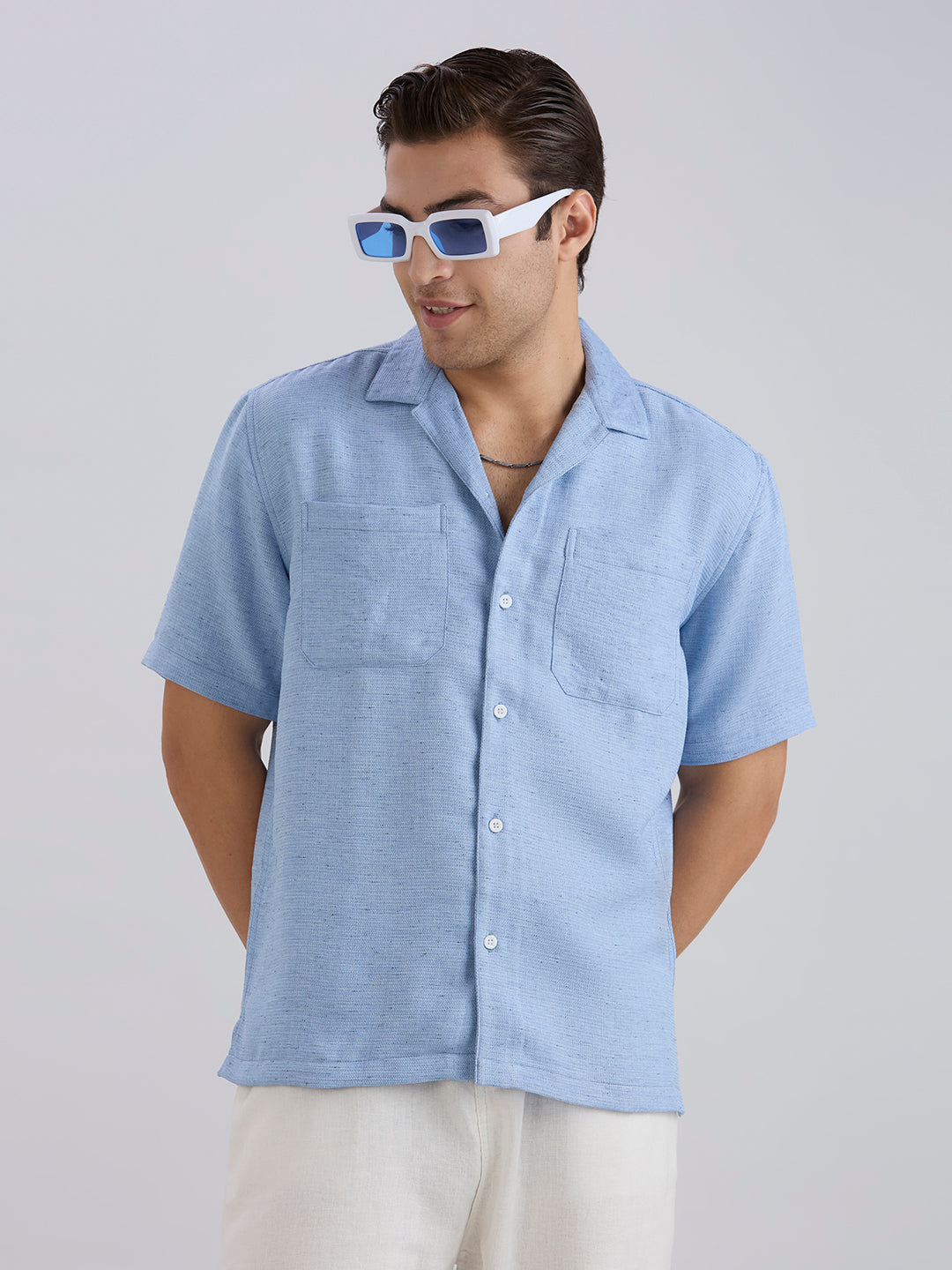 Matrix Half-Sleeves Double Pocket Cuban Collar Shirt - Blue