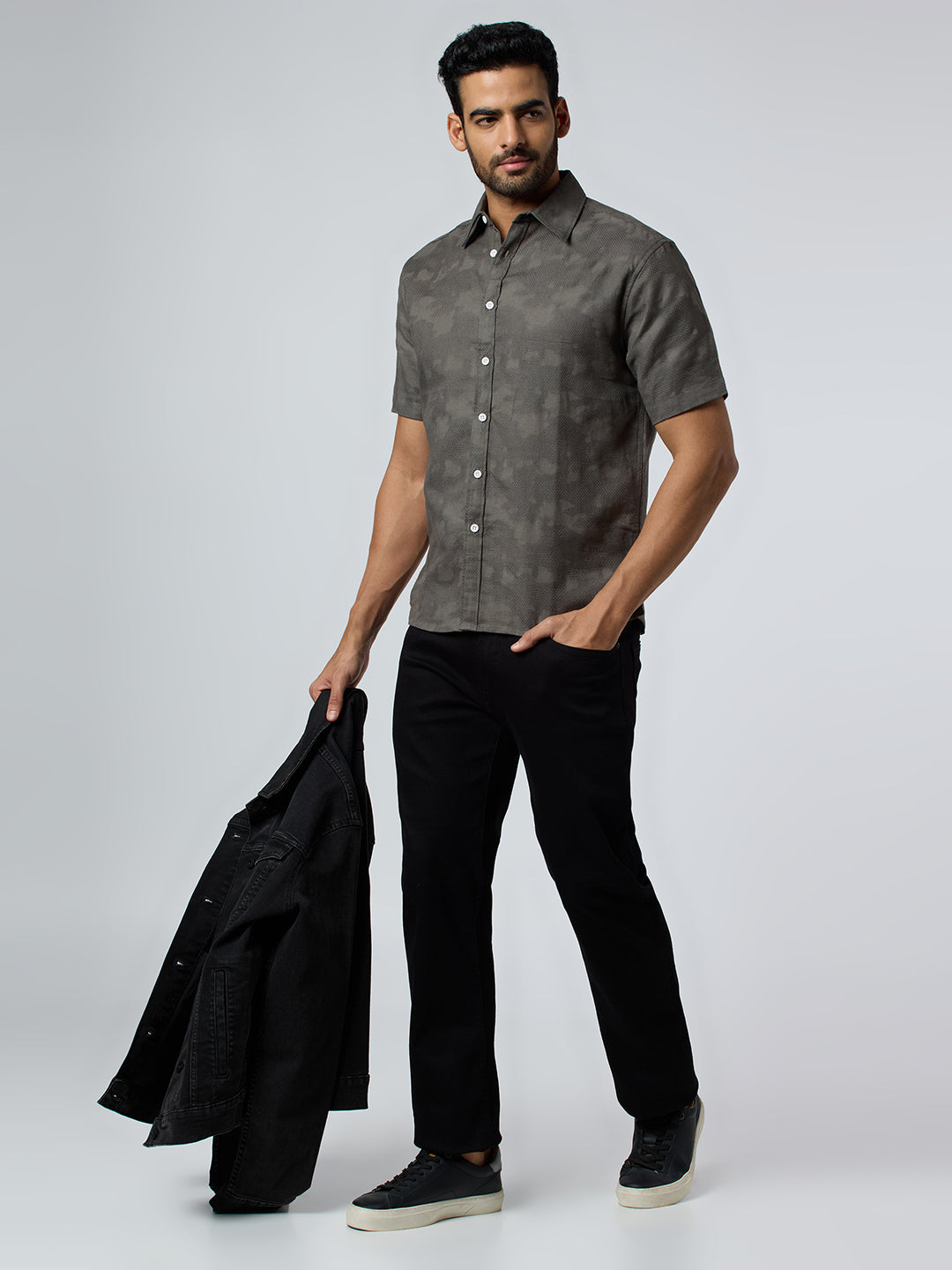 Zulu Half-Sleeves Textured Shirt - Grey