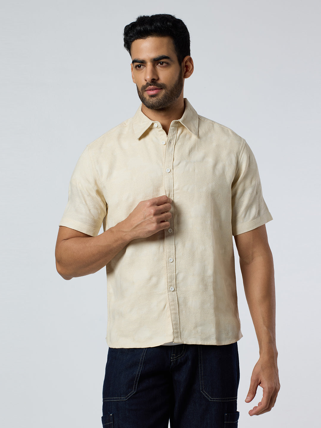 Zulu Half-Sleeves Textured Shirt - Beige