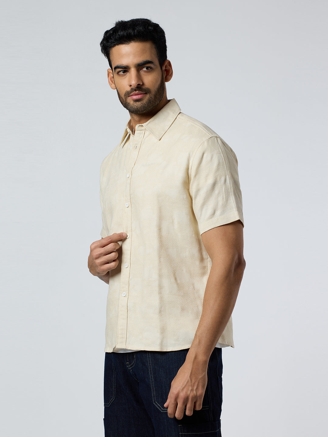Zulu Half-Sleeves Textured Shirt - Beige