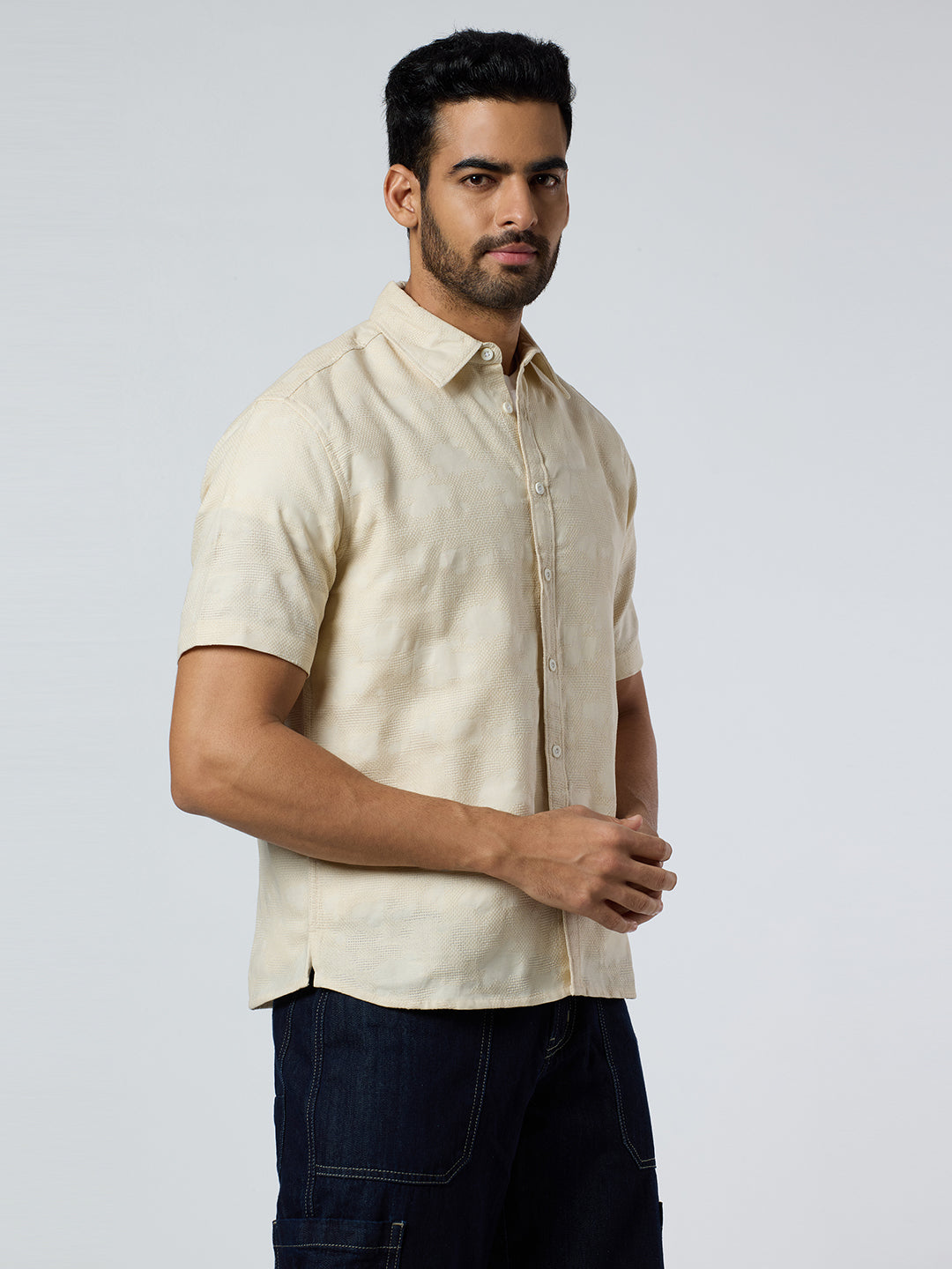 Zulu Half-Sleeves Textured Shirt - Beige