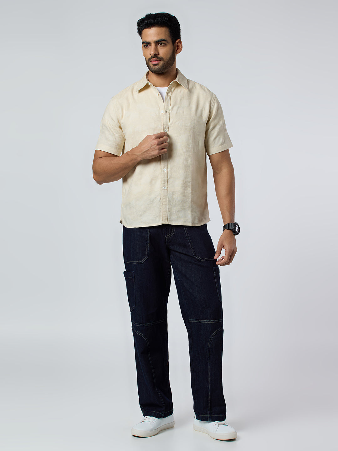 Zulu Half-Sleeves Textured Shirt - Beige