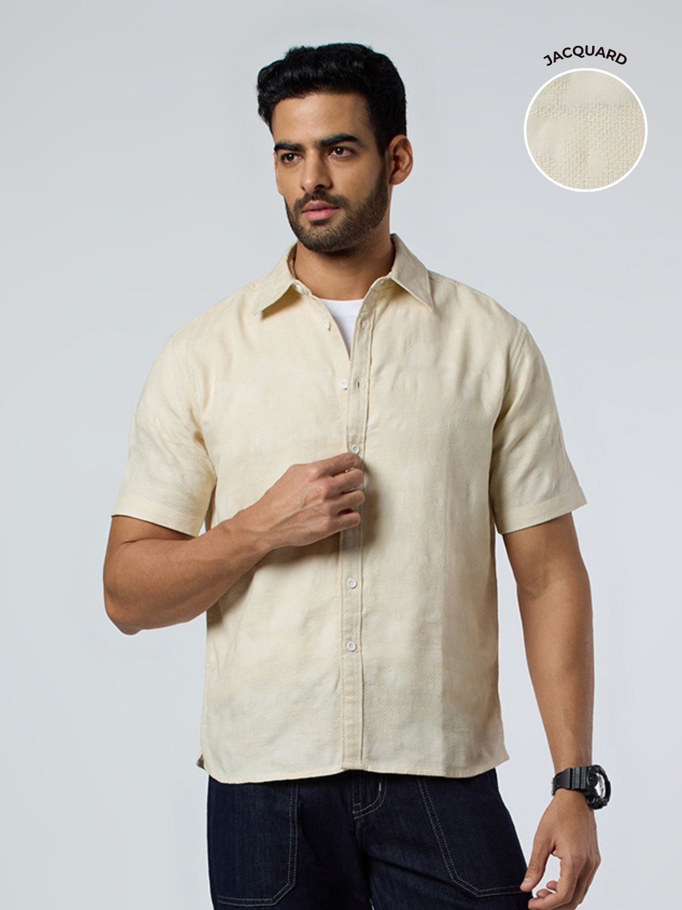 Zulu Half-Sleeves Textured Shirt - Beige