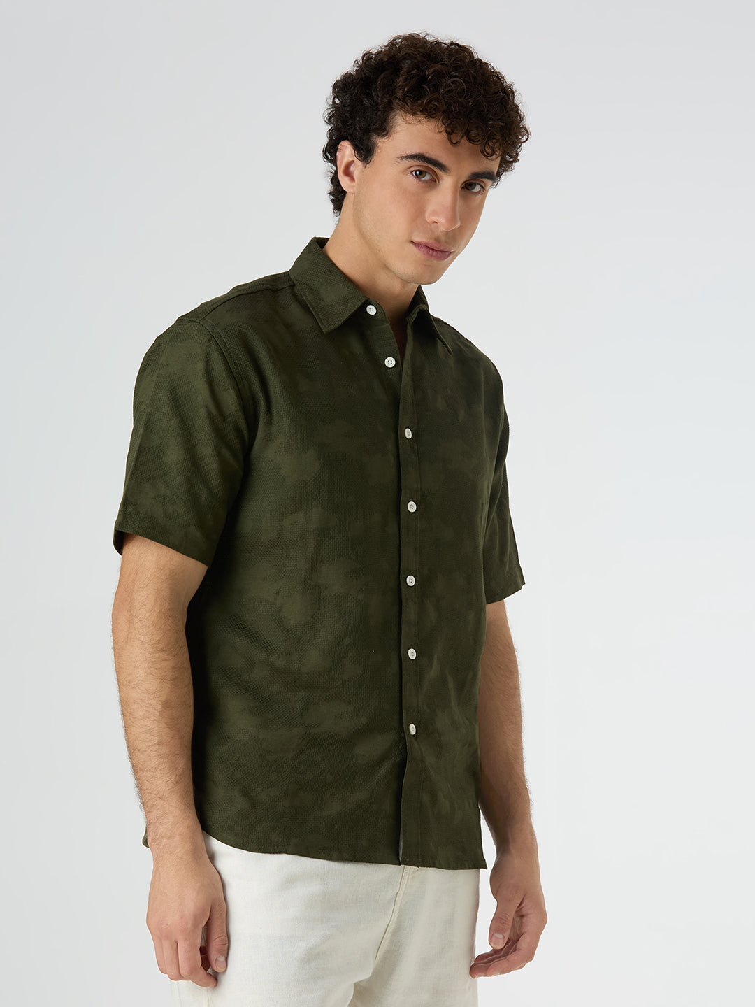 Zulu Half-Sleeves Textured Shirt - Olive