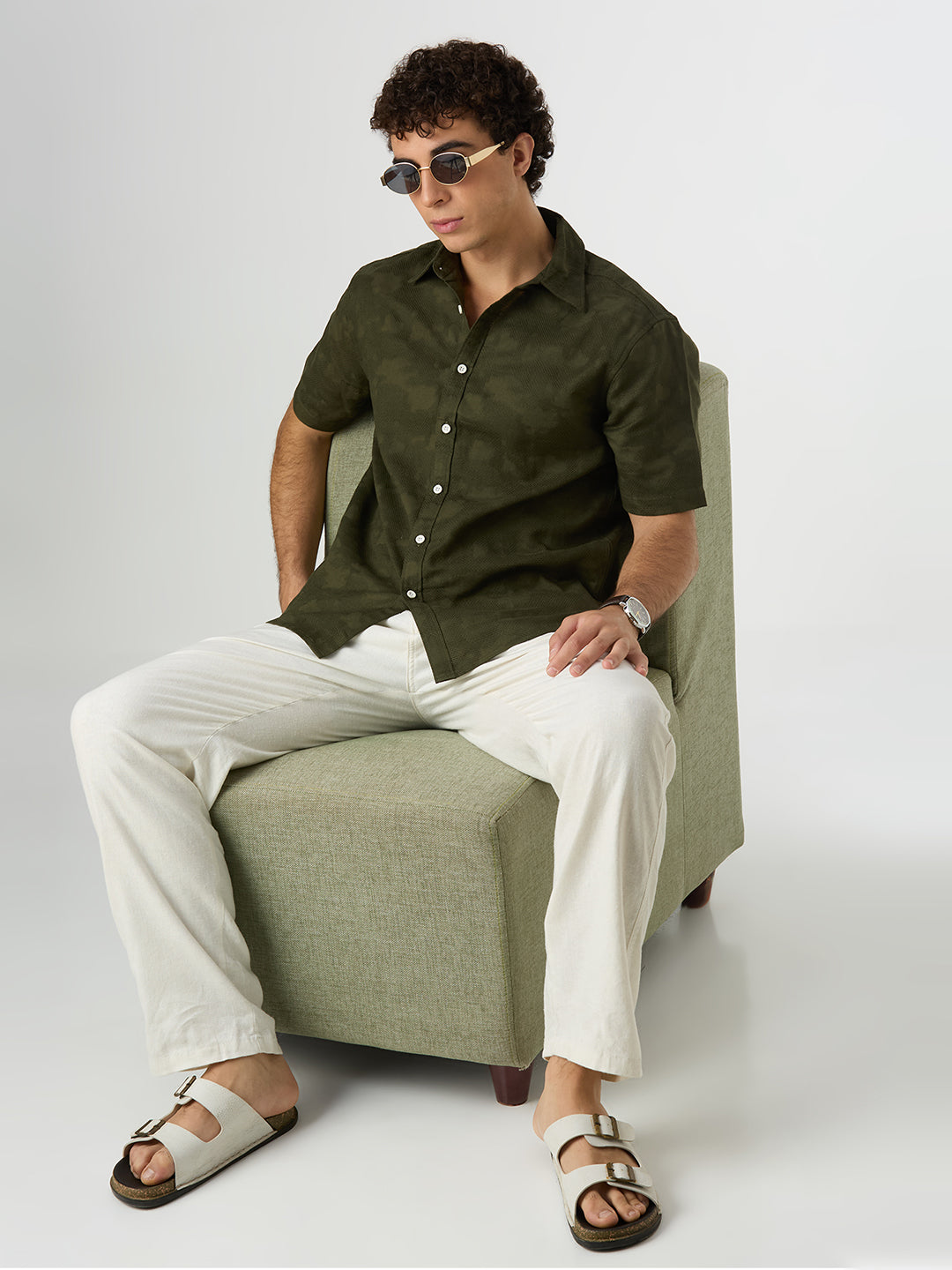 Zulu Half-Sleeves Textured Shirt - Olive