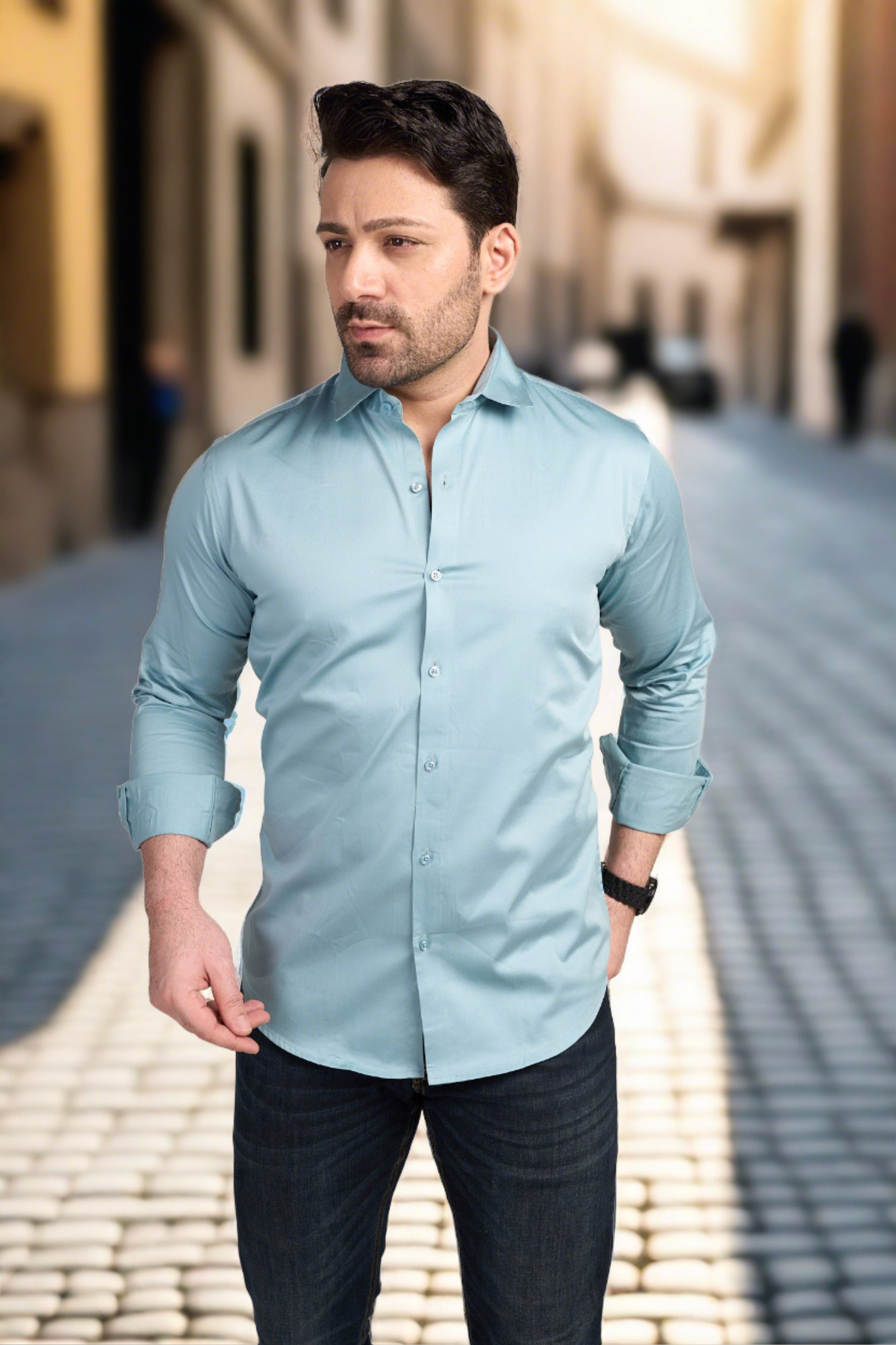 Kensington -Satin Slim Fit Shirt - Sky Blue
