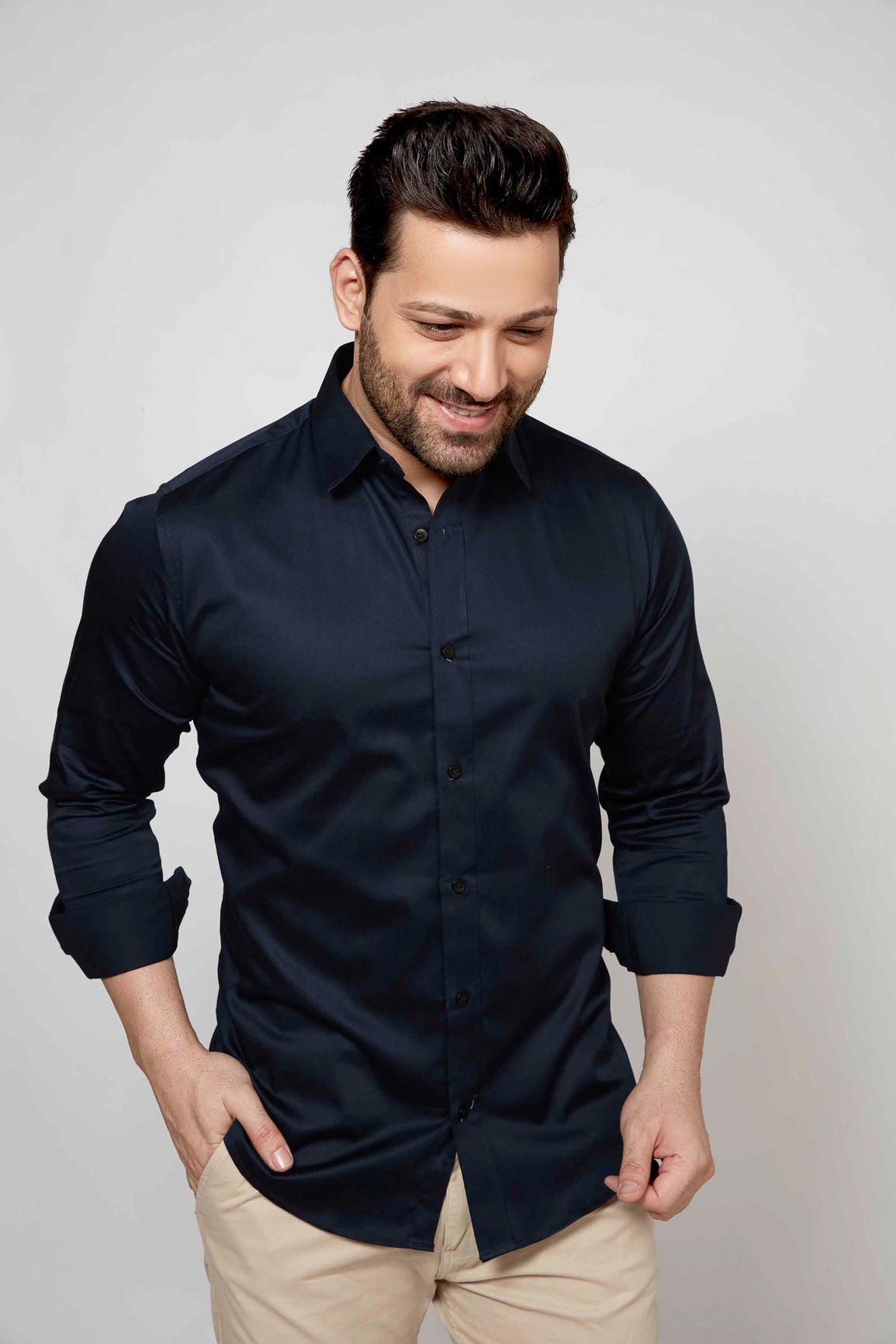 Navy - Satin Slim fit shirt - John Watson