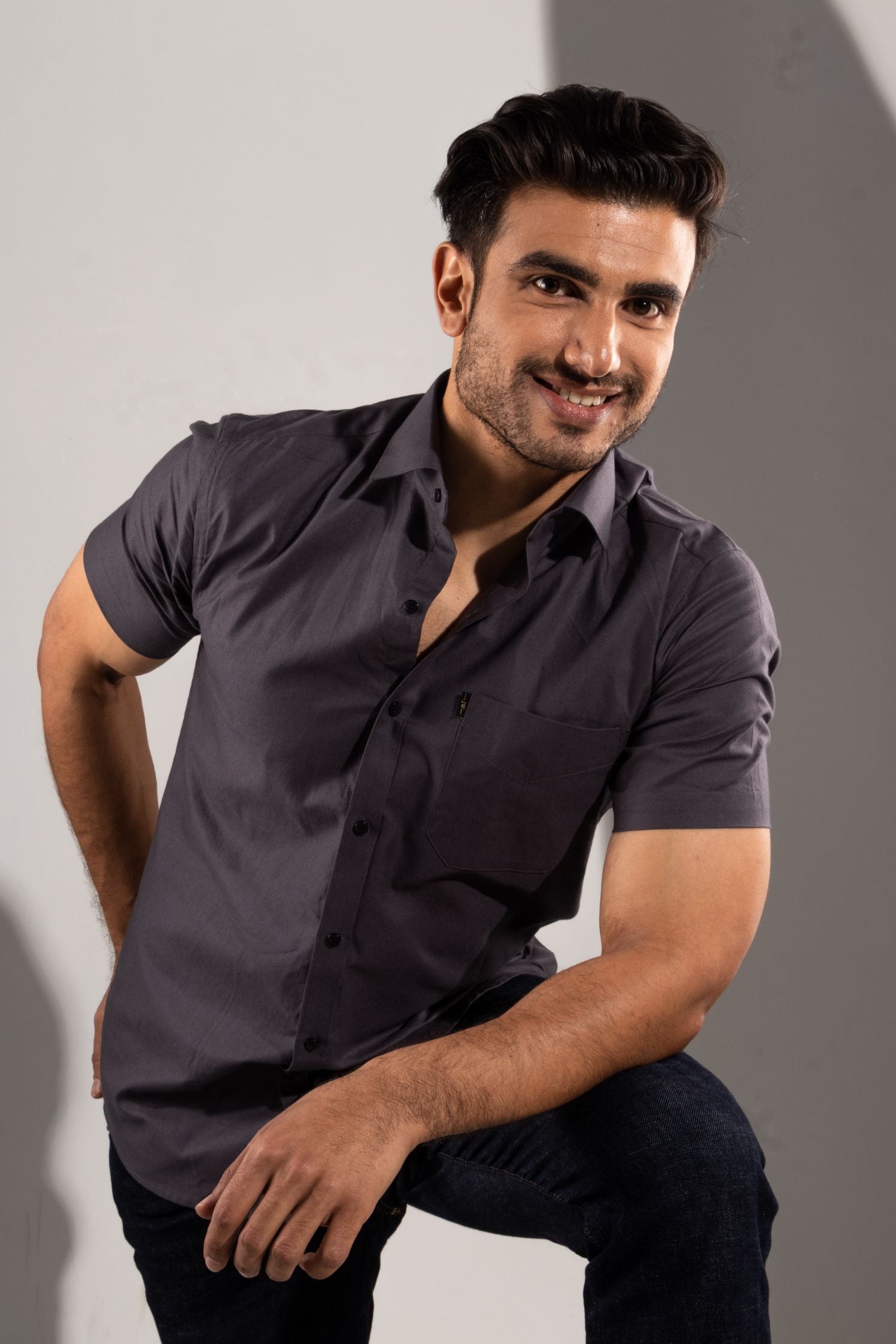 Nordic Grey - Oxford Half-Sleeve Slim-Fit Shirt - John Watson