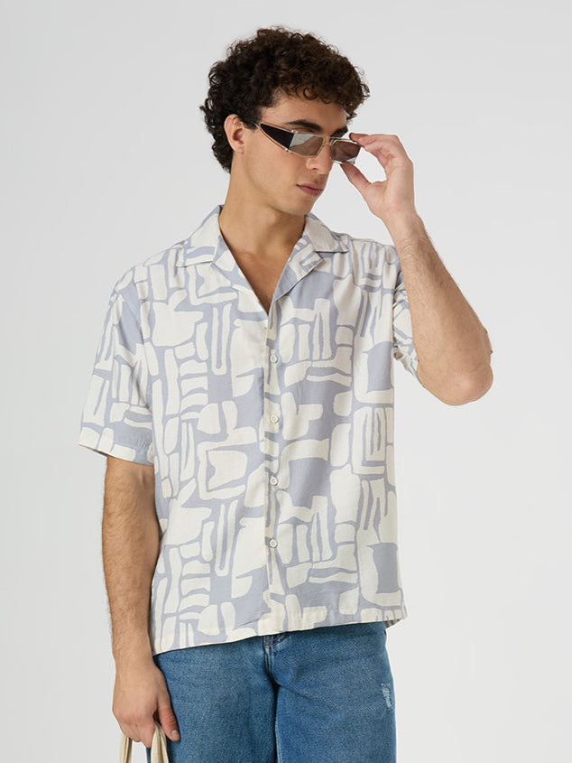 Flint Half-Sleeves Printed Cuban Collar Shirt - Grey