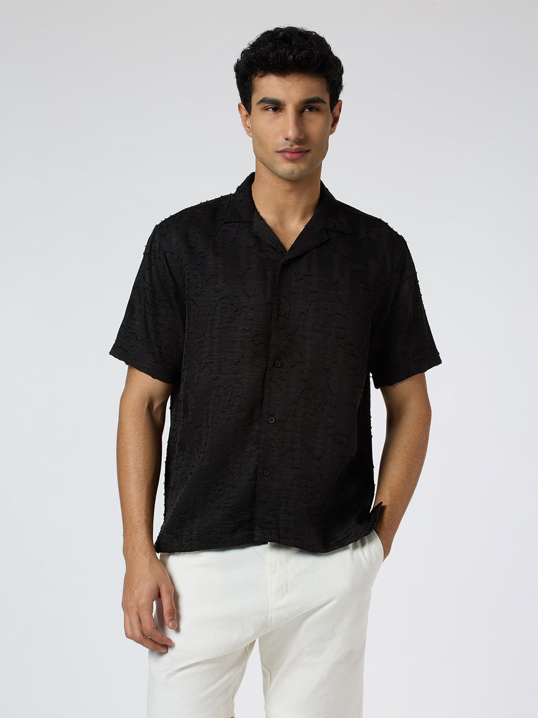 Fossil Half-Sleeves Textured Cuban Collar Shirt - Black
