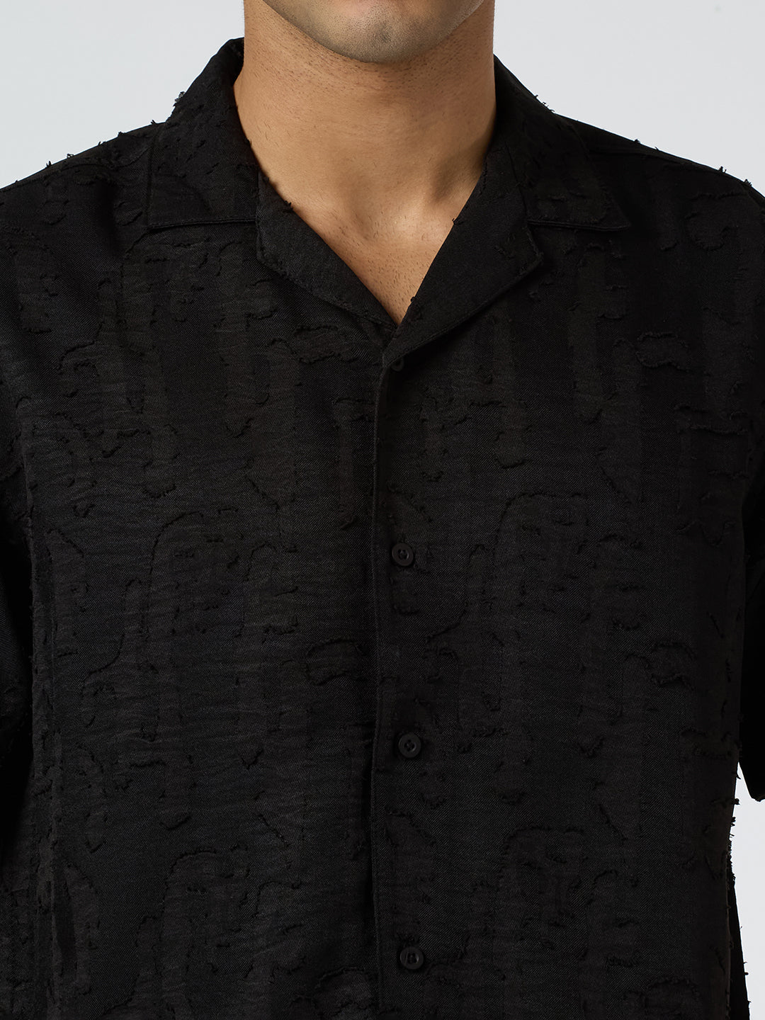 Fossil Half-Sleeves Textured Cuban Collar Shirt - Black