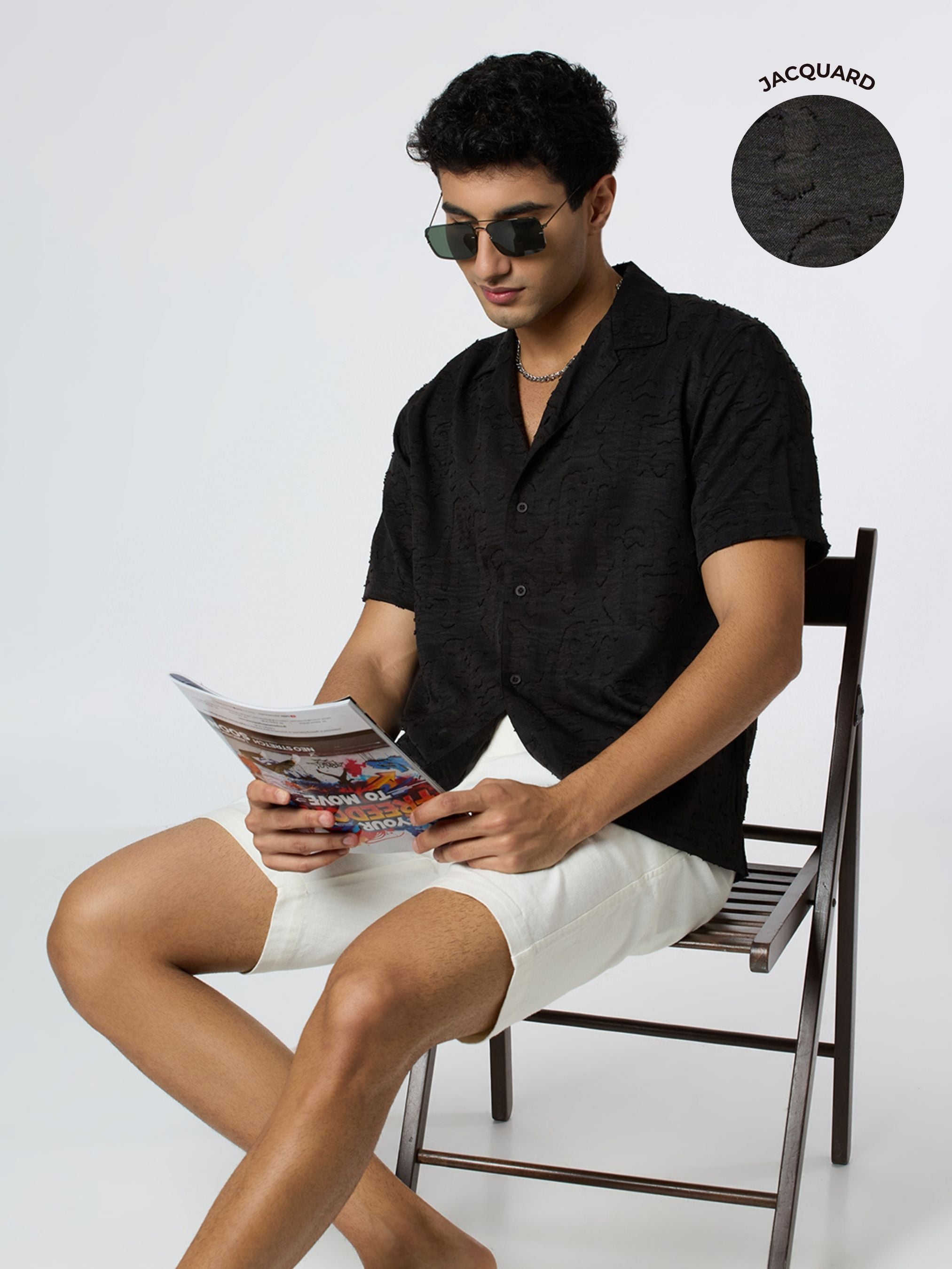 Fossil Half-Sleeves Textured Cuban Collar Shirt - Black