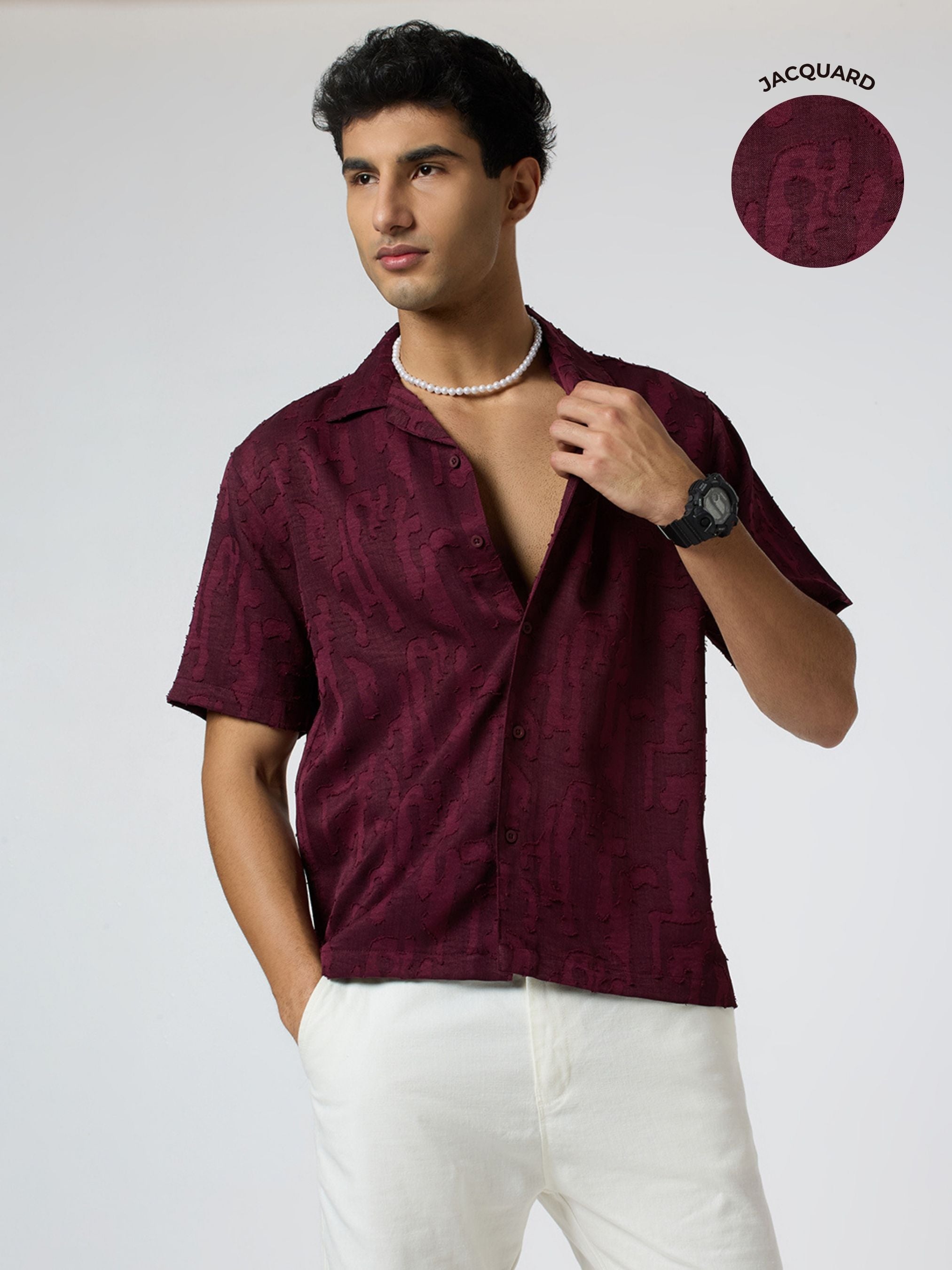 Fossil Half-Sleeves Textured Cuban Collar Shirt - Burgundy