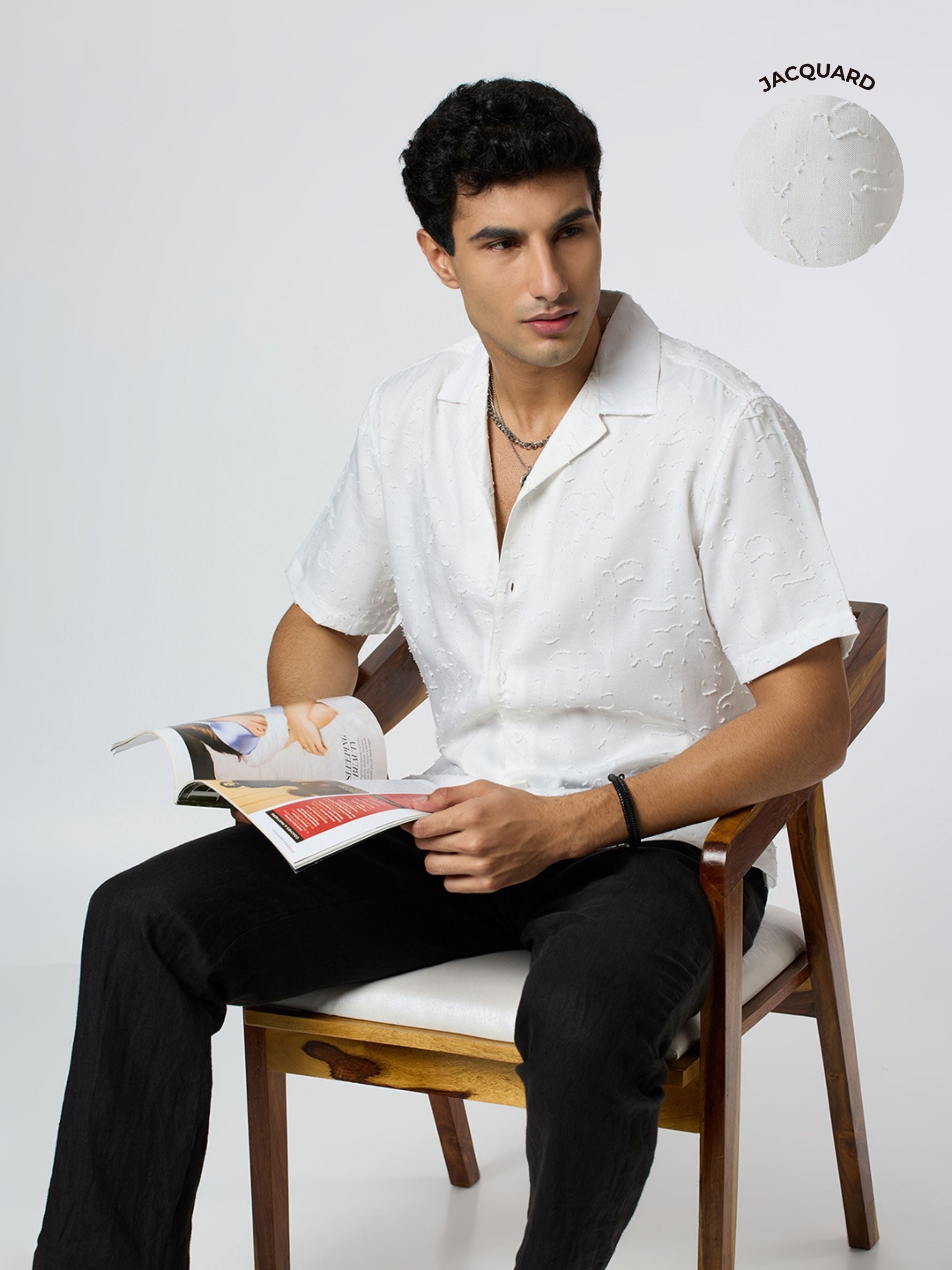 Fossil Half-Sleeves Textured Cuban Collar Shirt - White