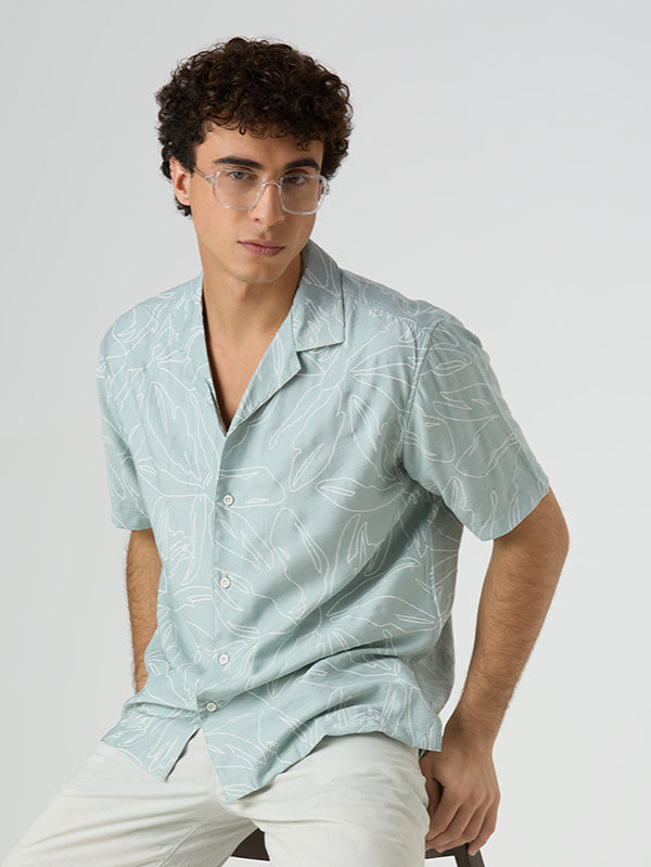 Herb Half-Sleeves Printed Cuban Collar Shirt - Sea Green