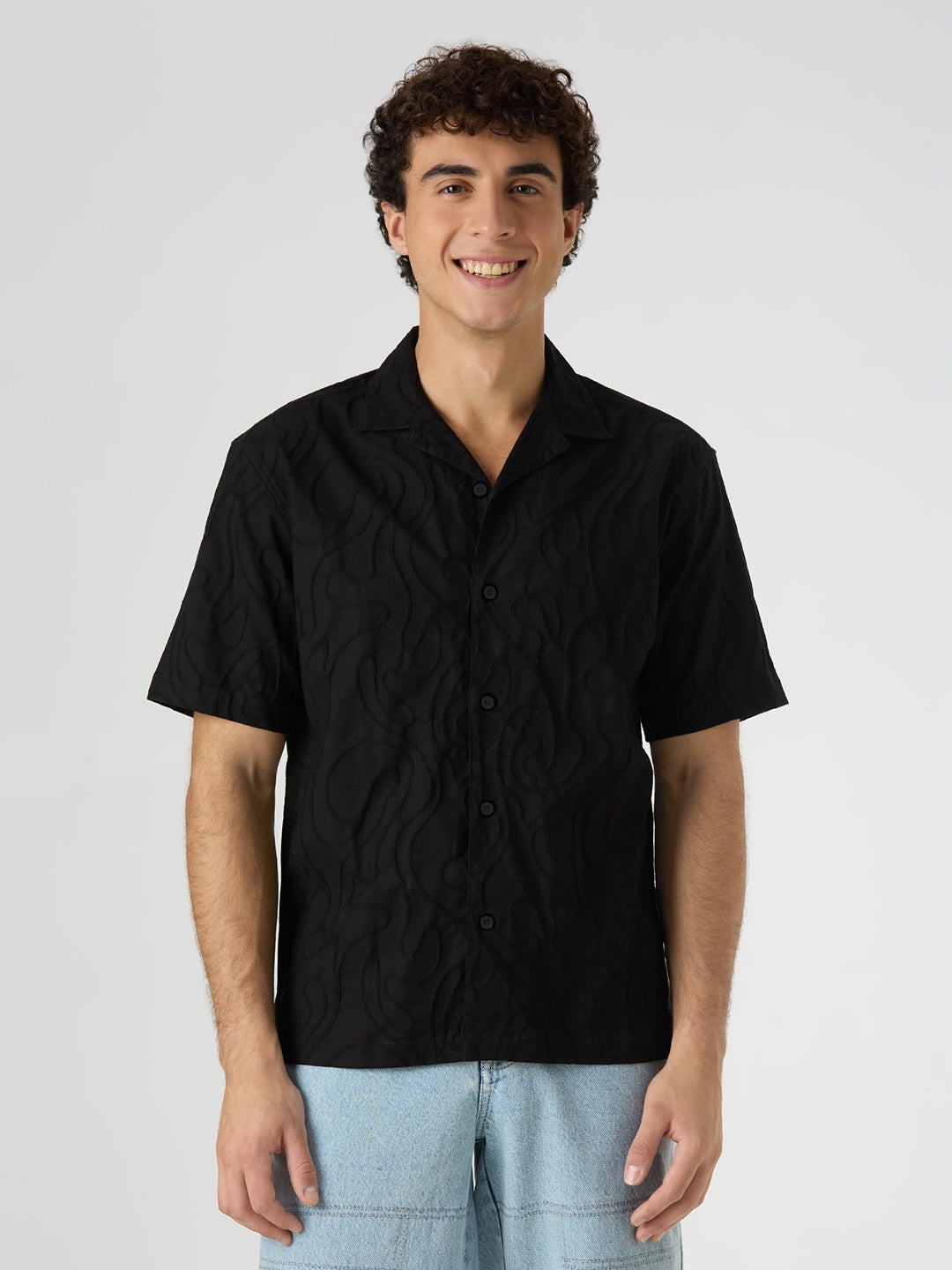 Olive Half-Sleeves Textured Cuban Collar Shirt - Black