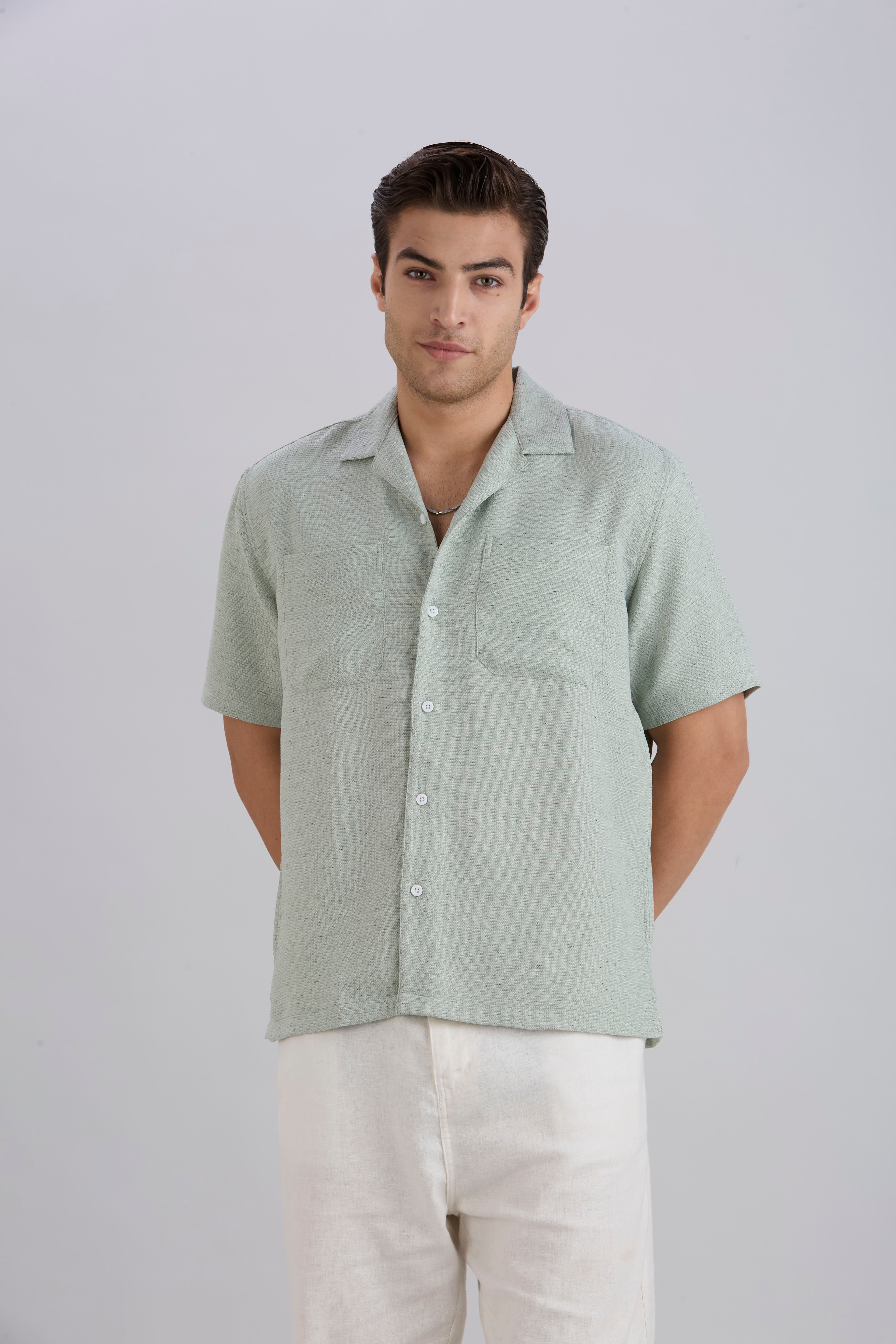 Matrix Half-Sleeves Double Pocket Cuban Collar Shirt - Green