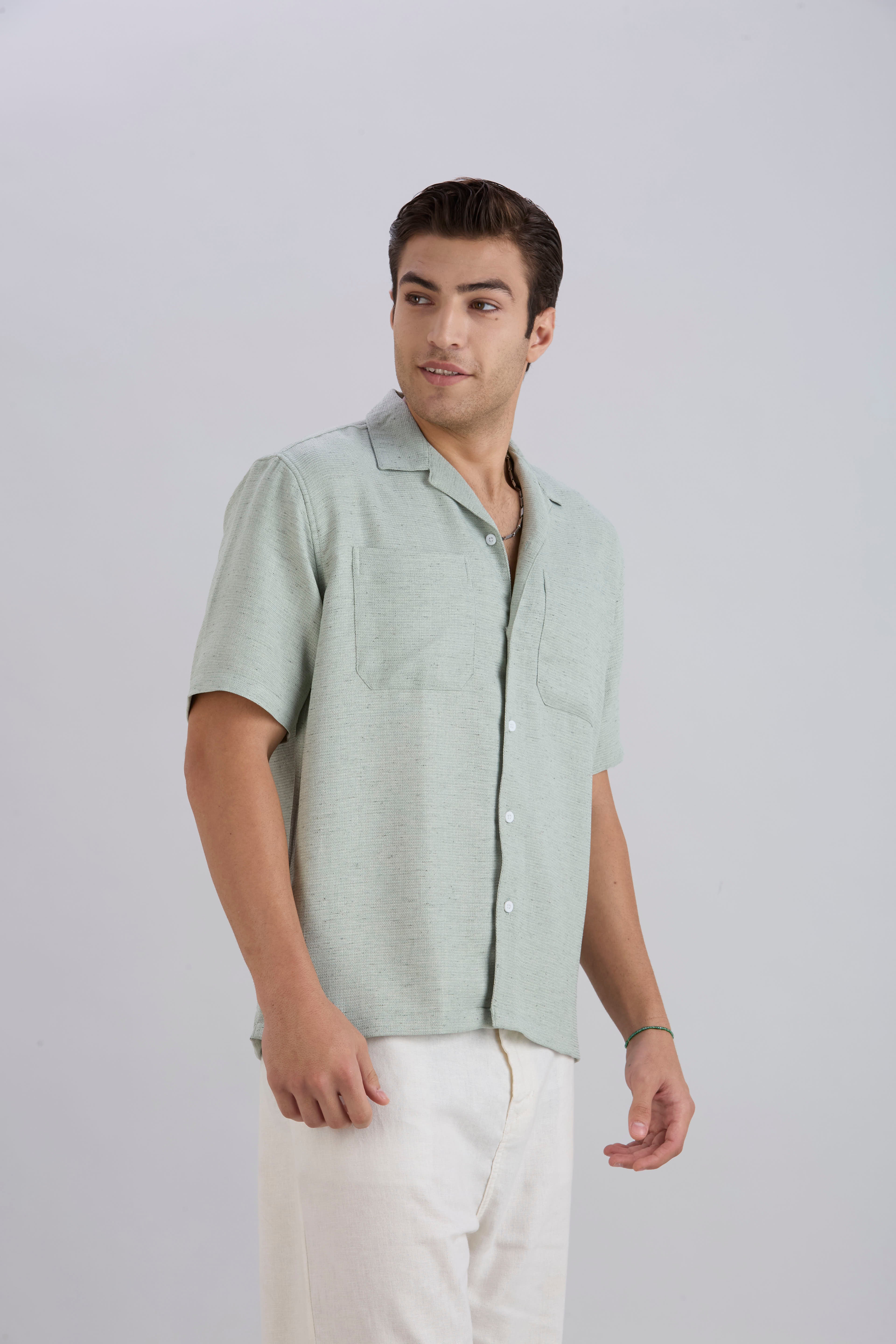 Matrix Half-Sleeves Double Pocket Cuban Collar Shirt - Green