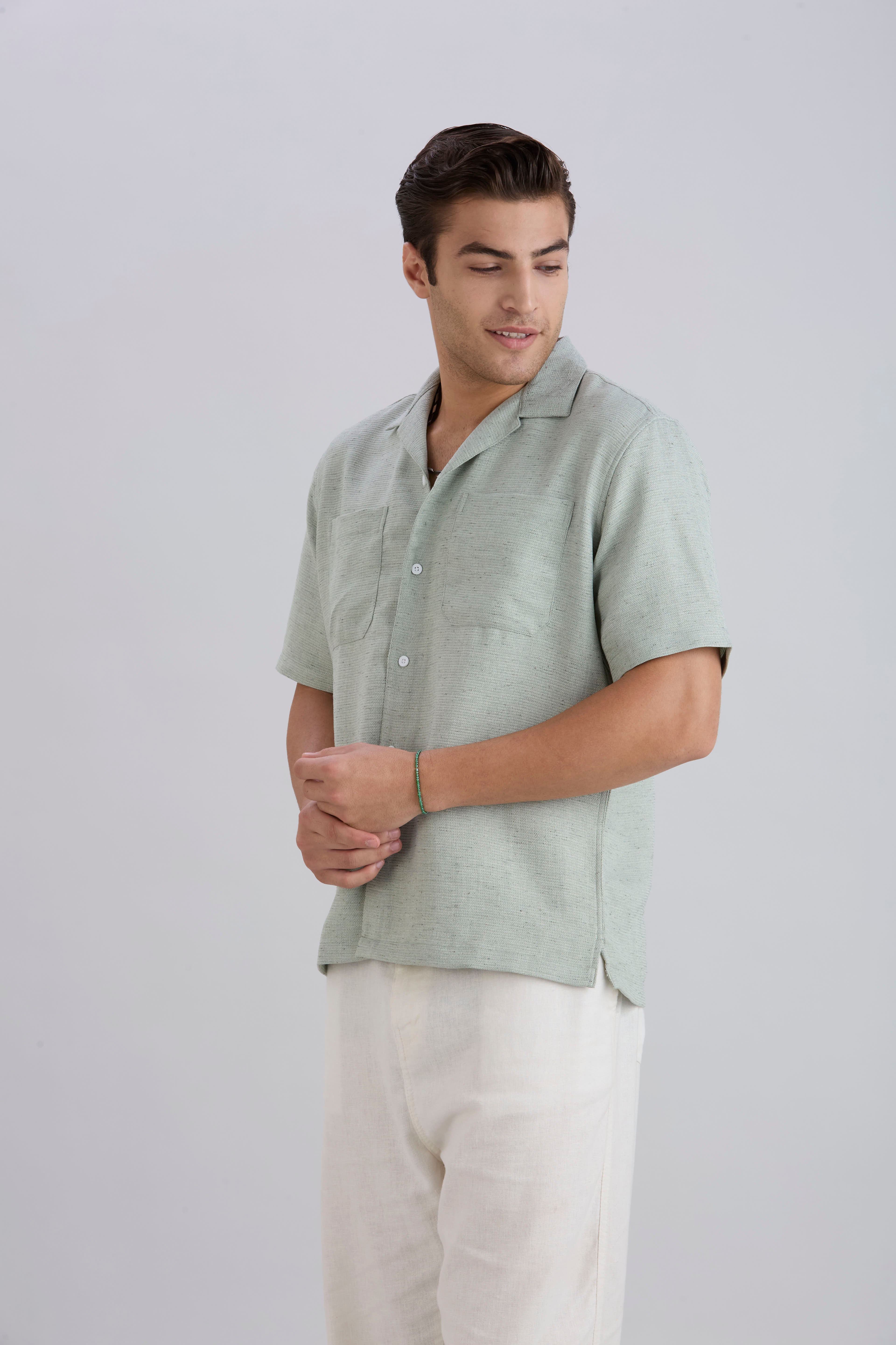 Matrix Half-Sleeves Double Pocket Cuban Collar Shirt - Green